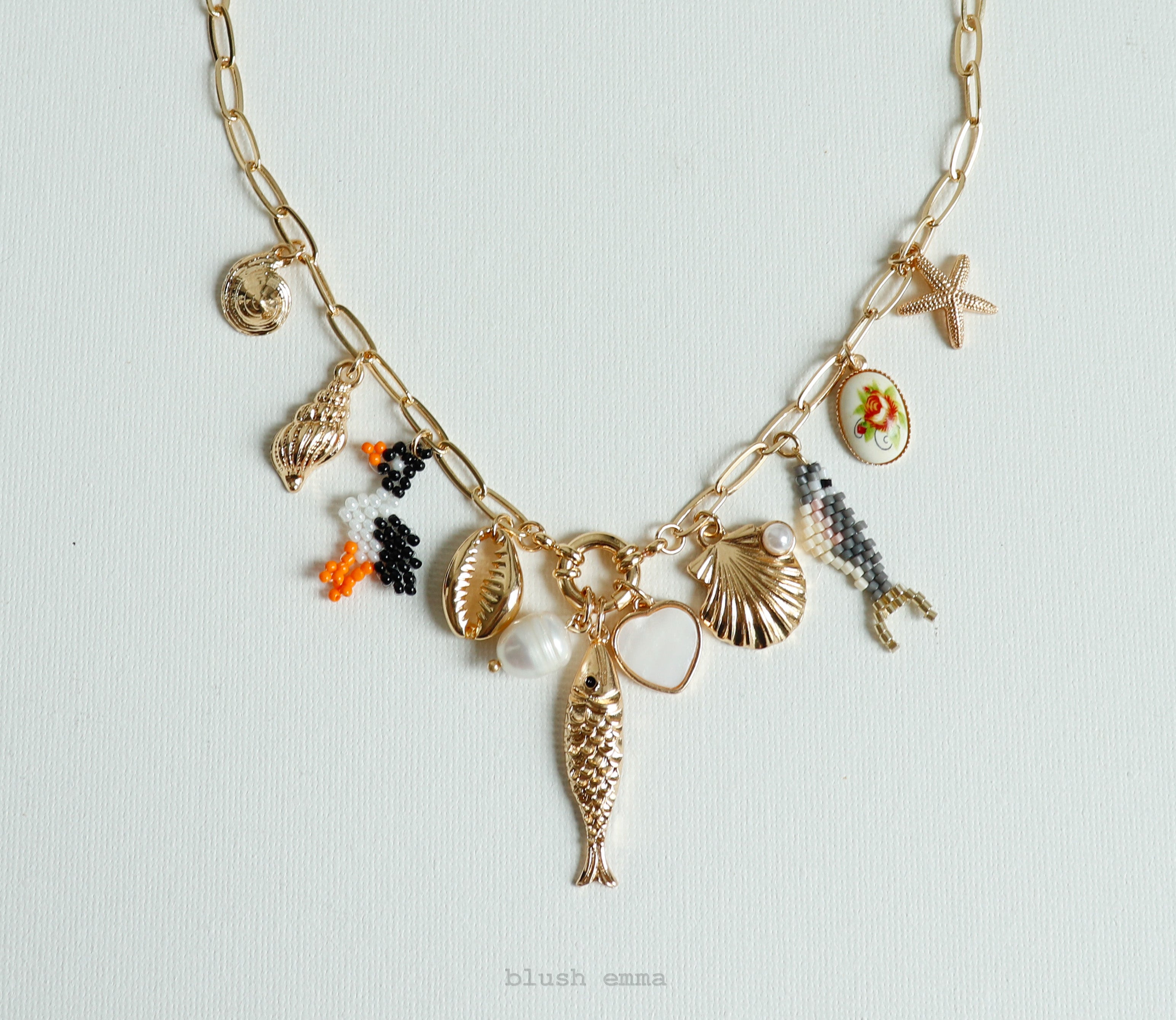 Blush emma Fish Accent Coastal Chunky Charms Necklace, gold antique seashell charm chain necklace