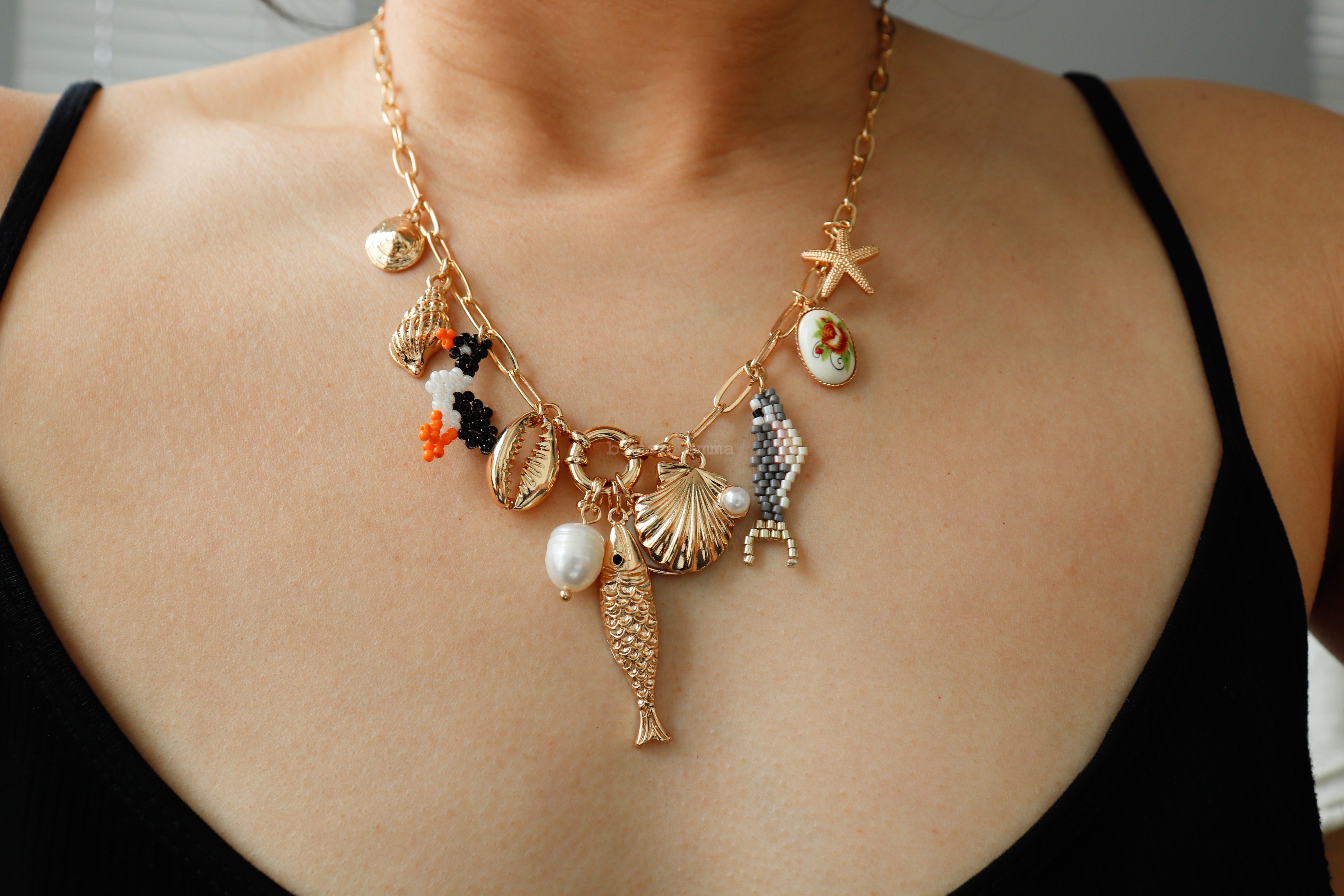 Blush emma Fish Accent Coastal Chunky Charms Necklace, gold antique seashell charm chain necklace