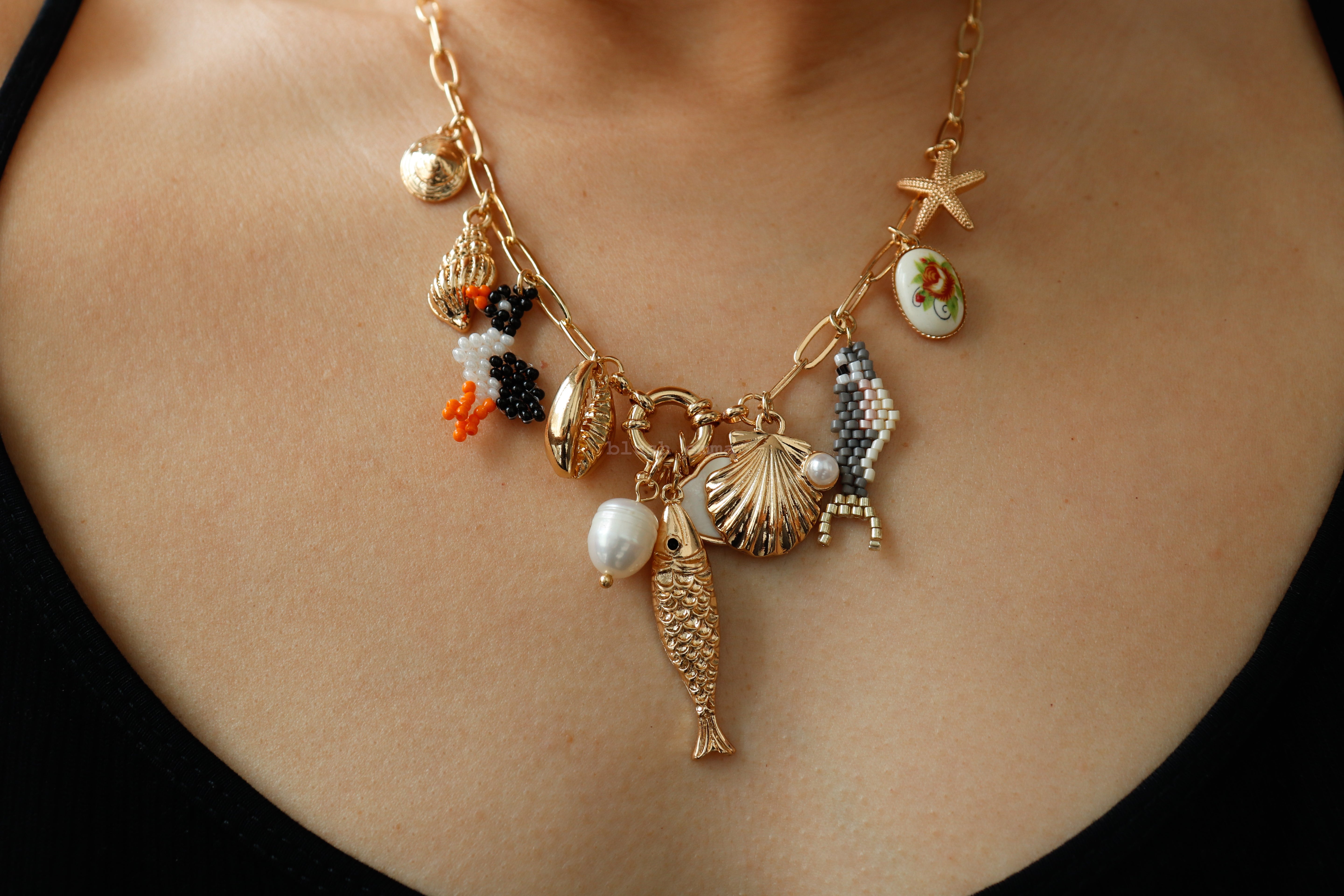 Blush emma Fish Accent Coastal Chunky Charms Necklace, gold antique seashell charm chain necklace