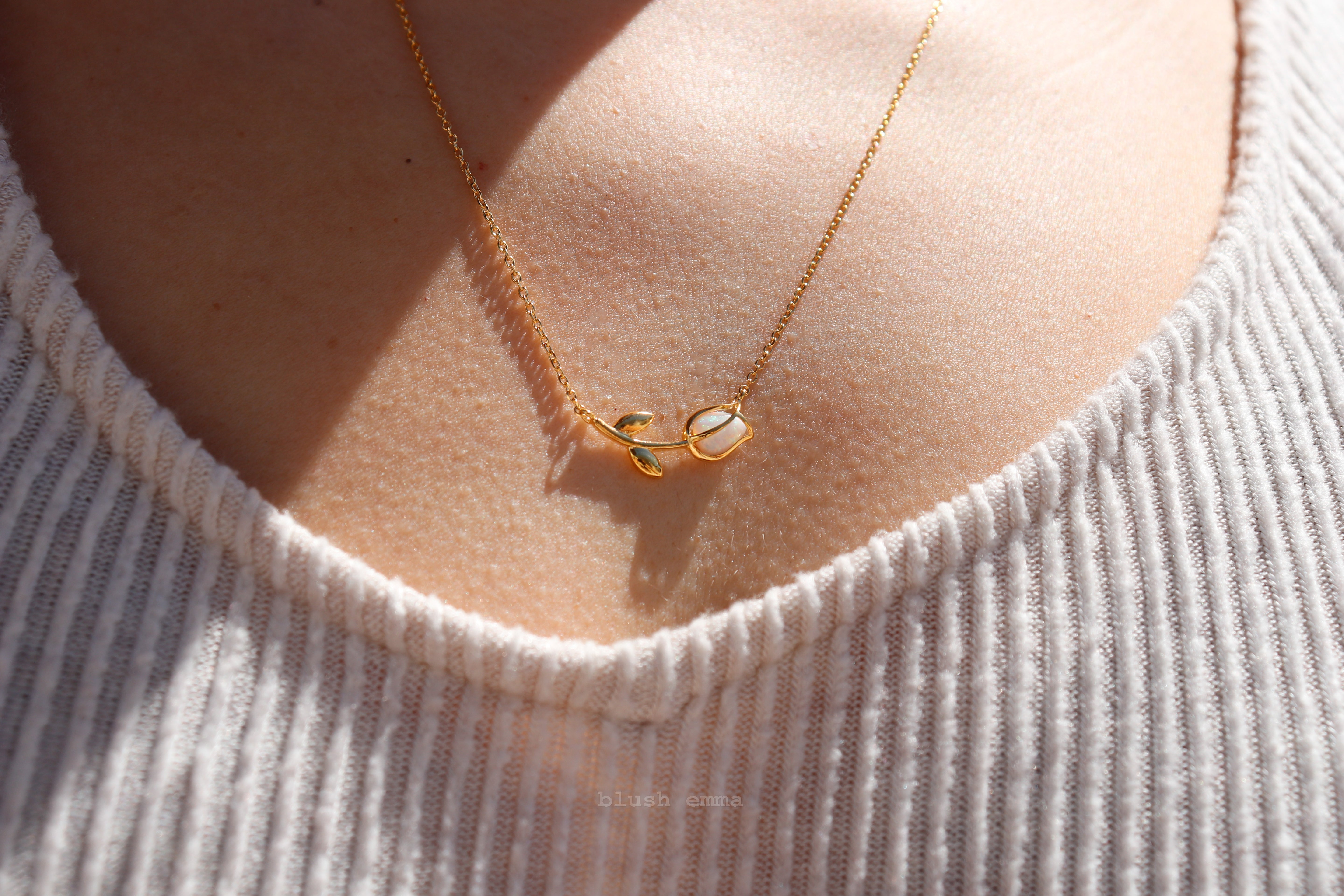 Dainty Encased Opal Tulip Necklace, Petal Wrap, Double Pendant Gold Silver Plated Chain Wedding Necklaces, bridal October Flower, Birthstone Charm