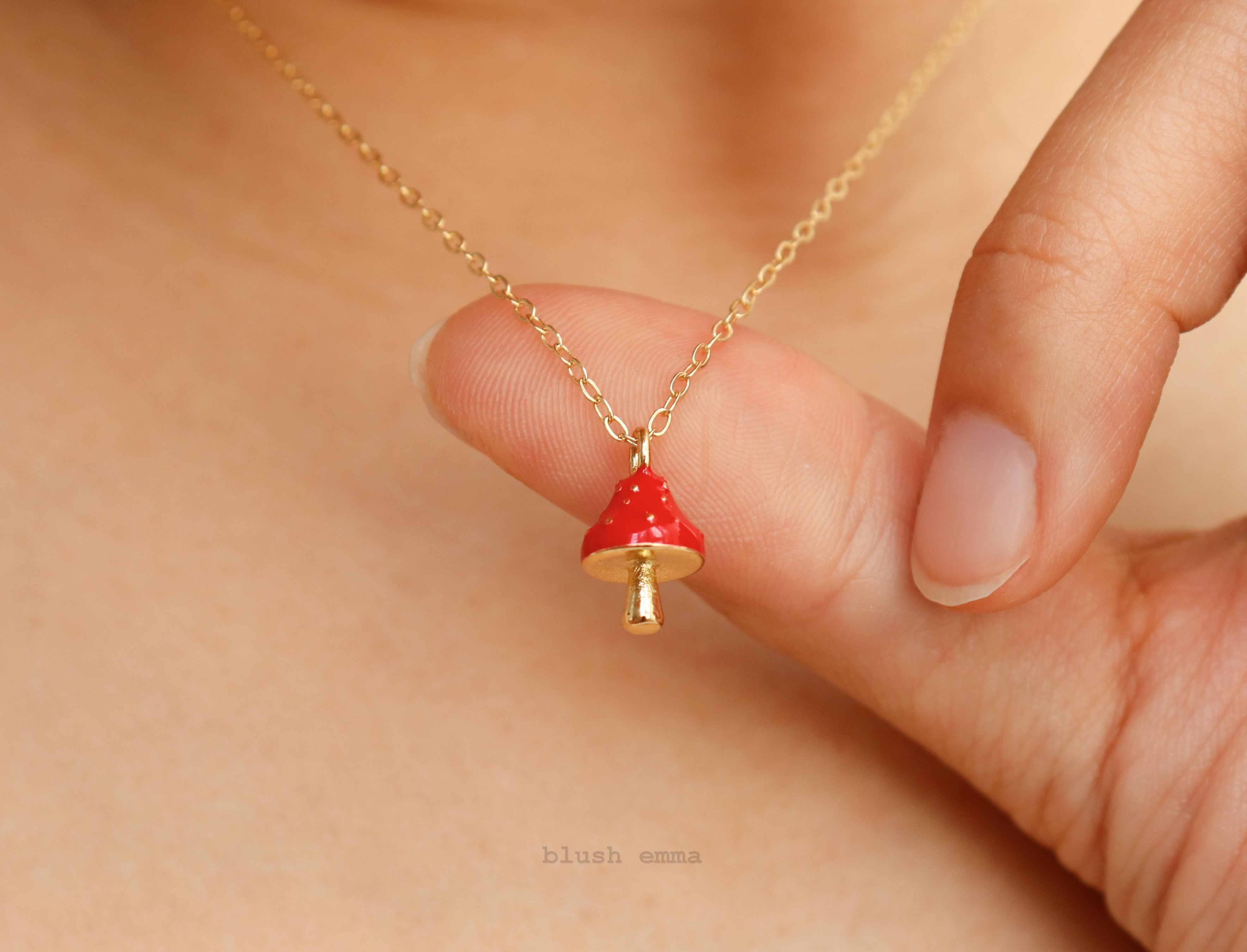 Storybook Red Mushroom Top Necklace, gift for girls, cottagecore, dotted spotted dainty forest mushroom gold pendant