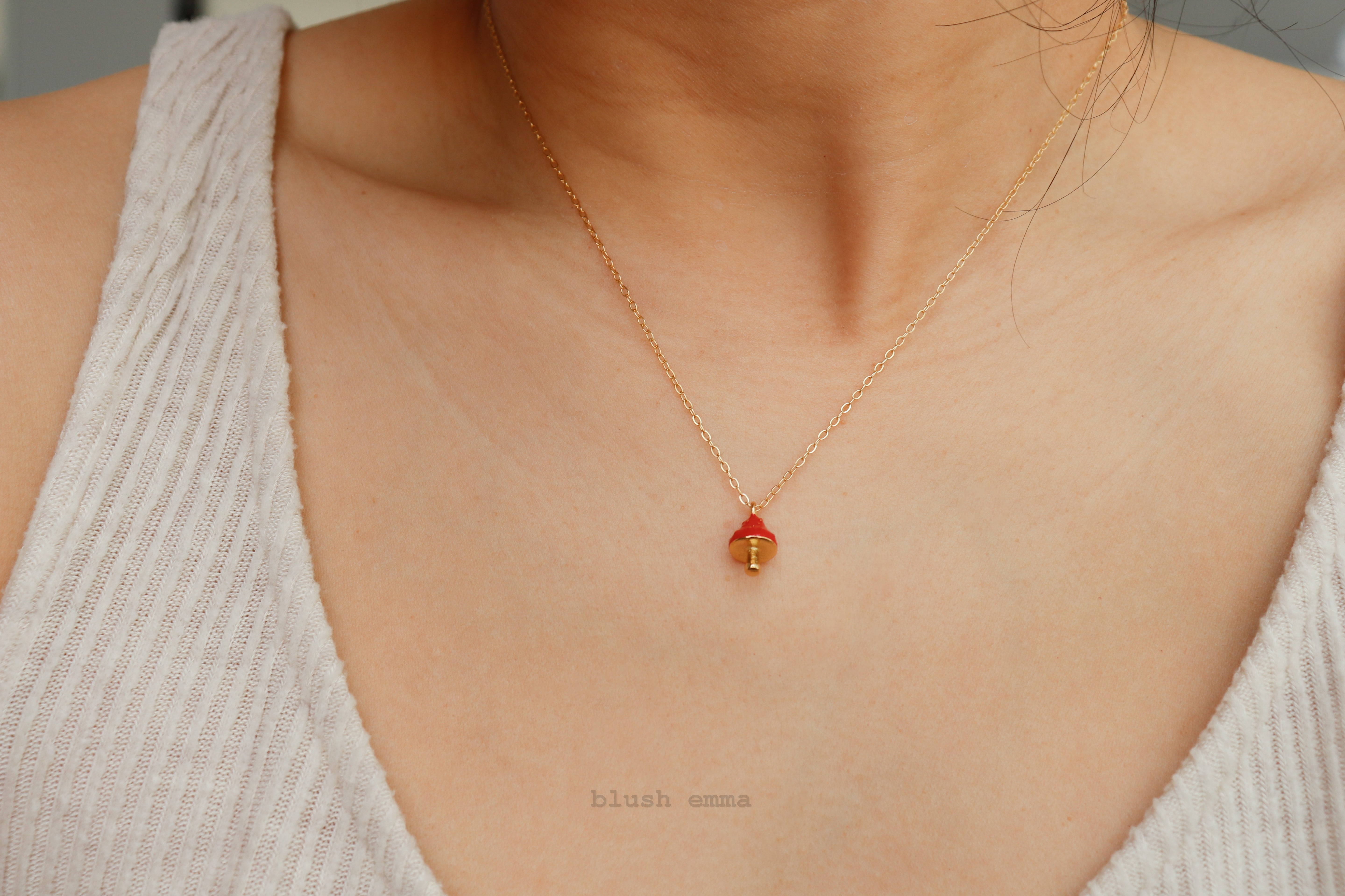Storybook Red Mushroom Top Necklace, gift for girls, cottagecore, dotted spotted dainty forest mushroom gold pendant