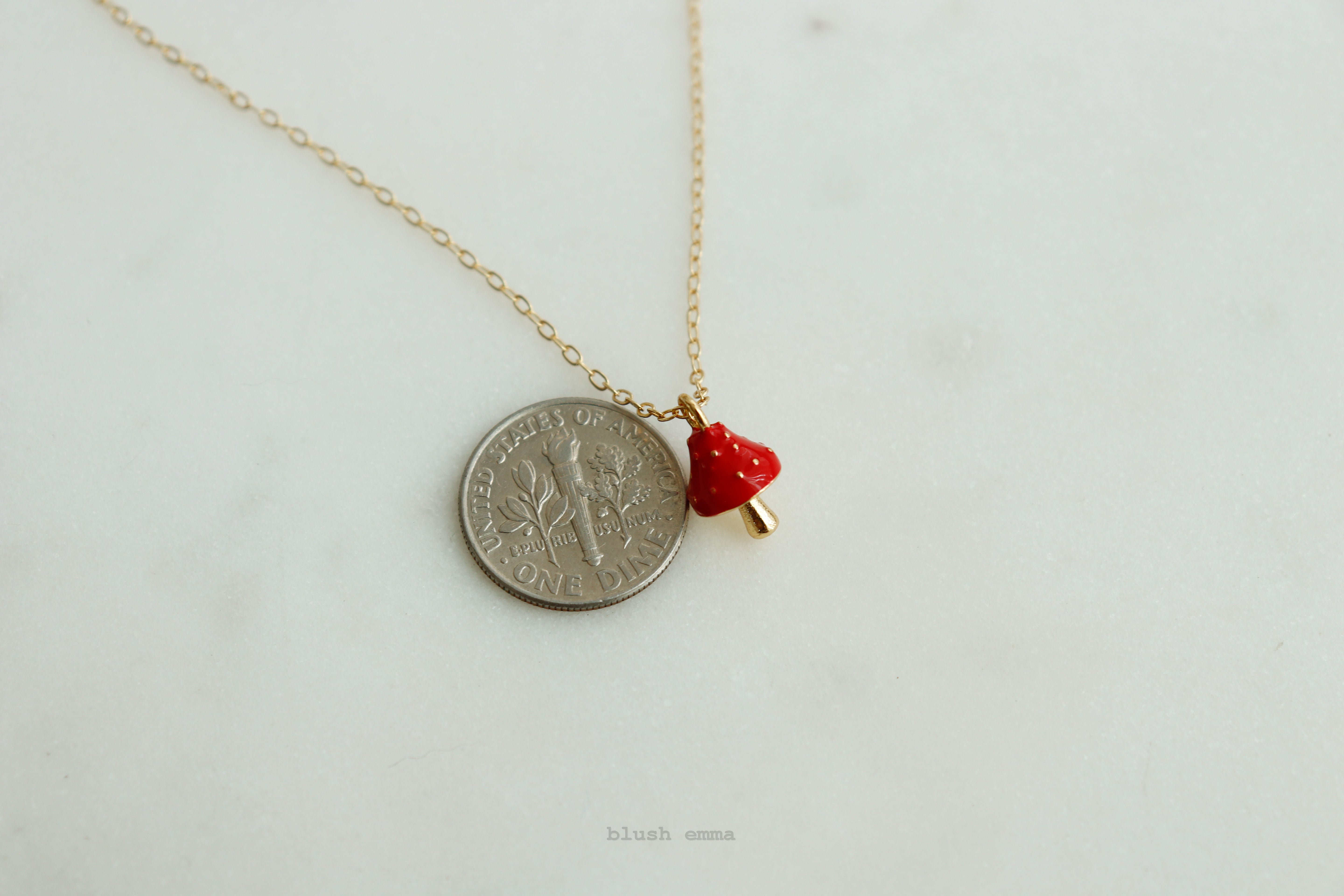 Storybook Red Mushroom Top Necklace, gift for girls, cottagecore, dotted spotted dainty forest mushroom gold pendant