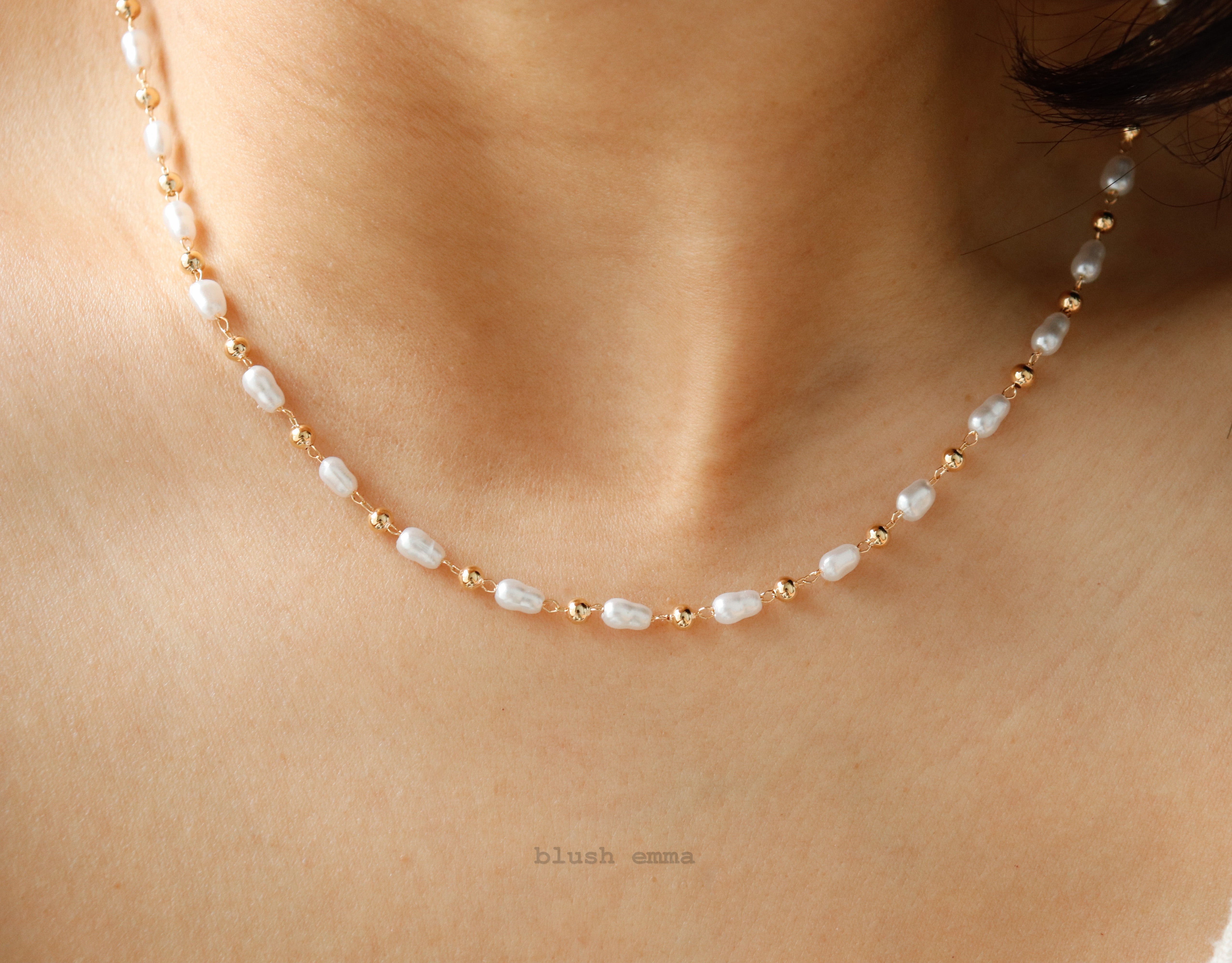 Full Tiny Irregular Pearl Chain with Gold Ball Accent Beaded Necklace, Gold Filled, Coastal Seeded, Dainty Minimal Jewelry, Bridesmaid