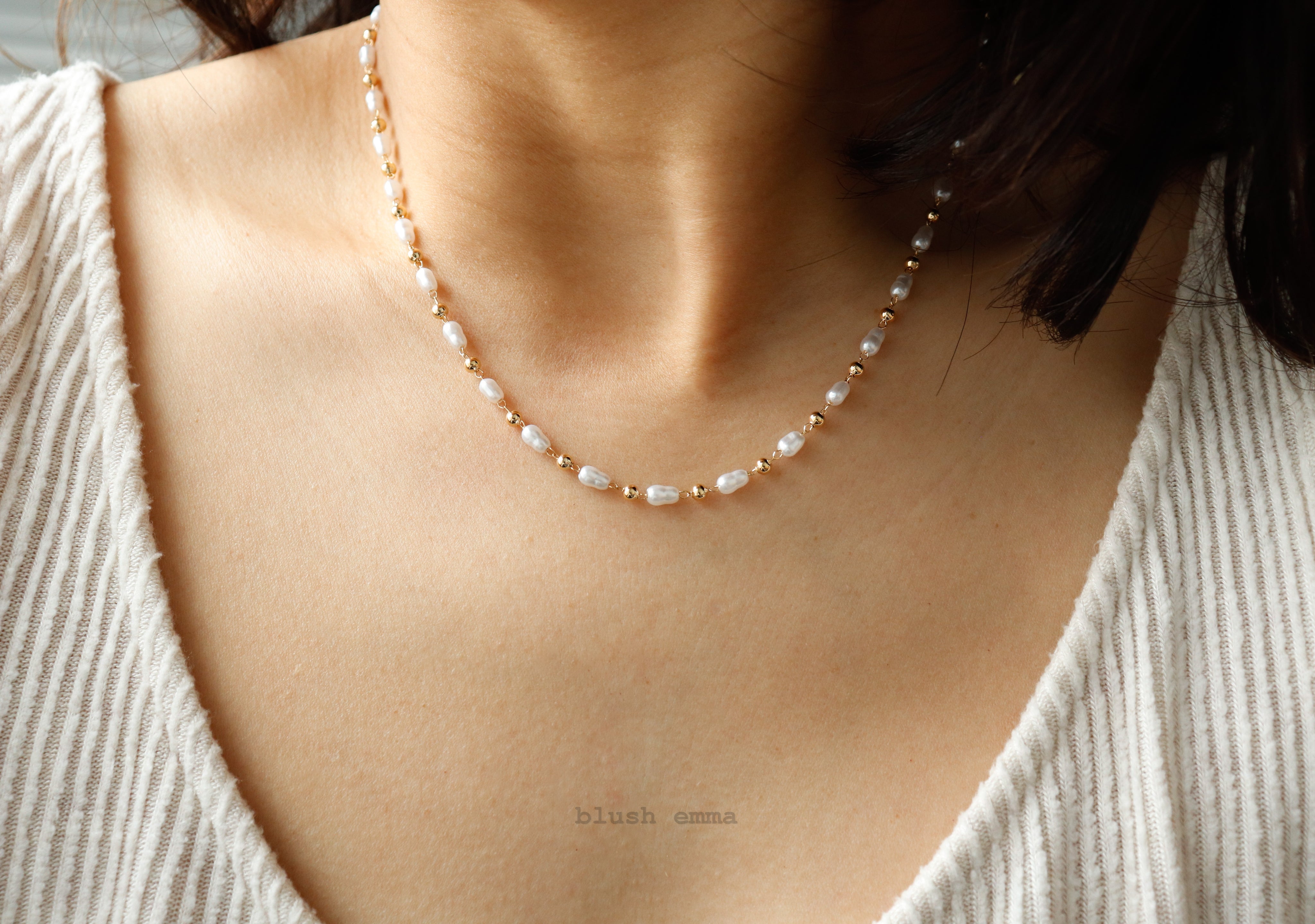 Full Tiny Irregular Pearl Chain with Gold Ball Accent Beaded Necklace, Gold Filled, Coastal Seeded, Dainty Minimal Jewelry, Bridesmaid