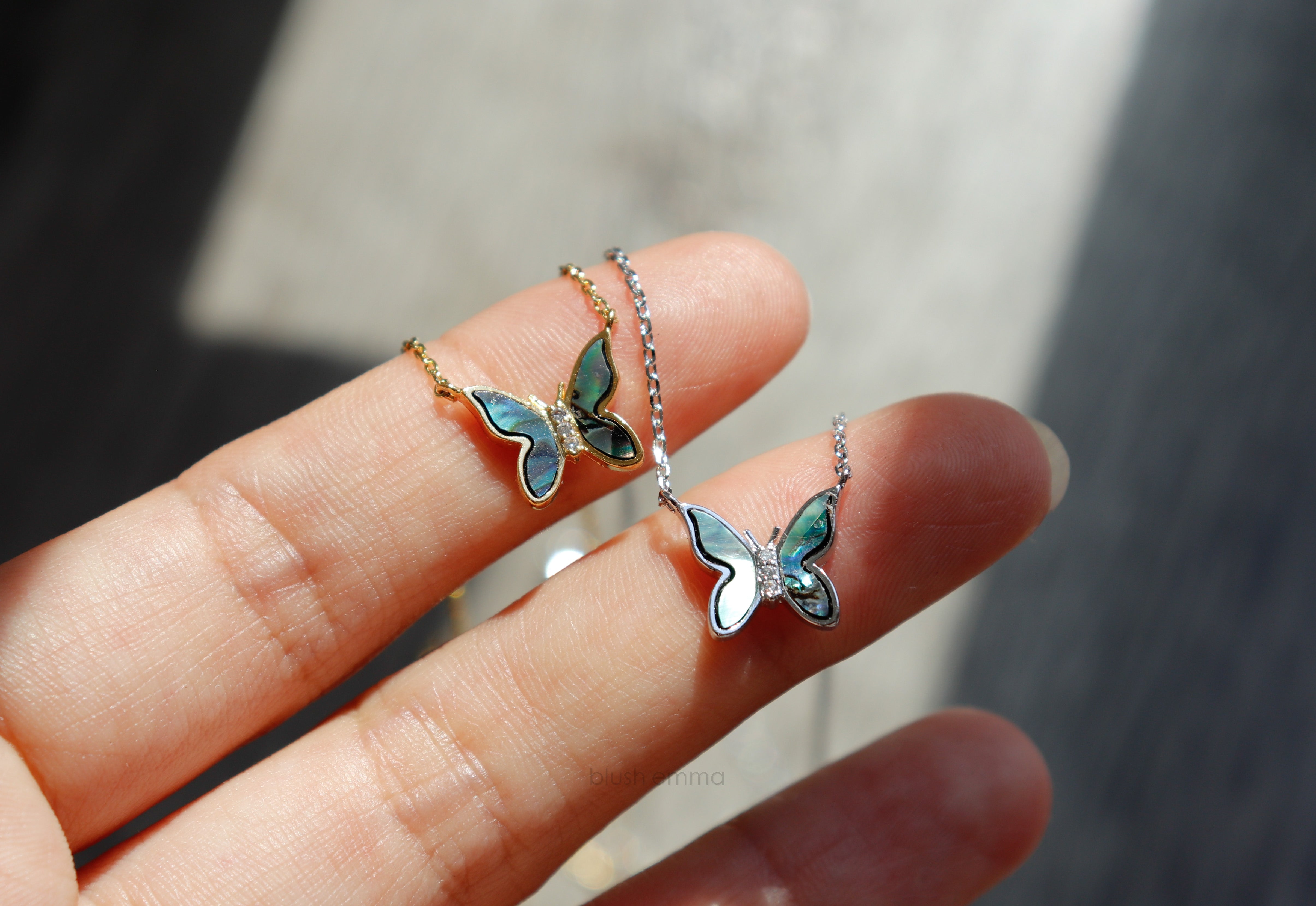 Dainty Abalone Black Shell Wave Butterfly Double Pendant Necklace.
