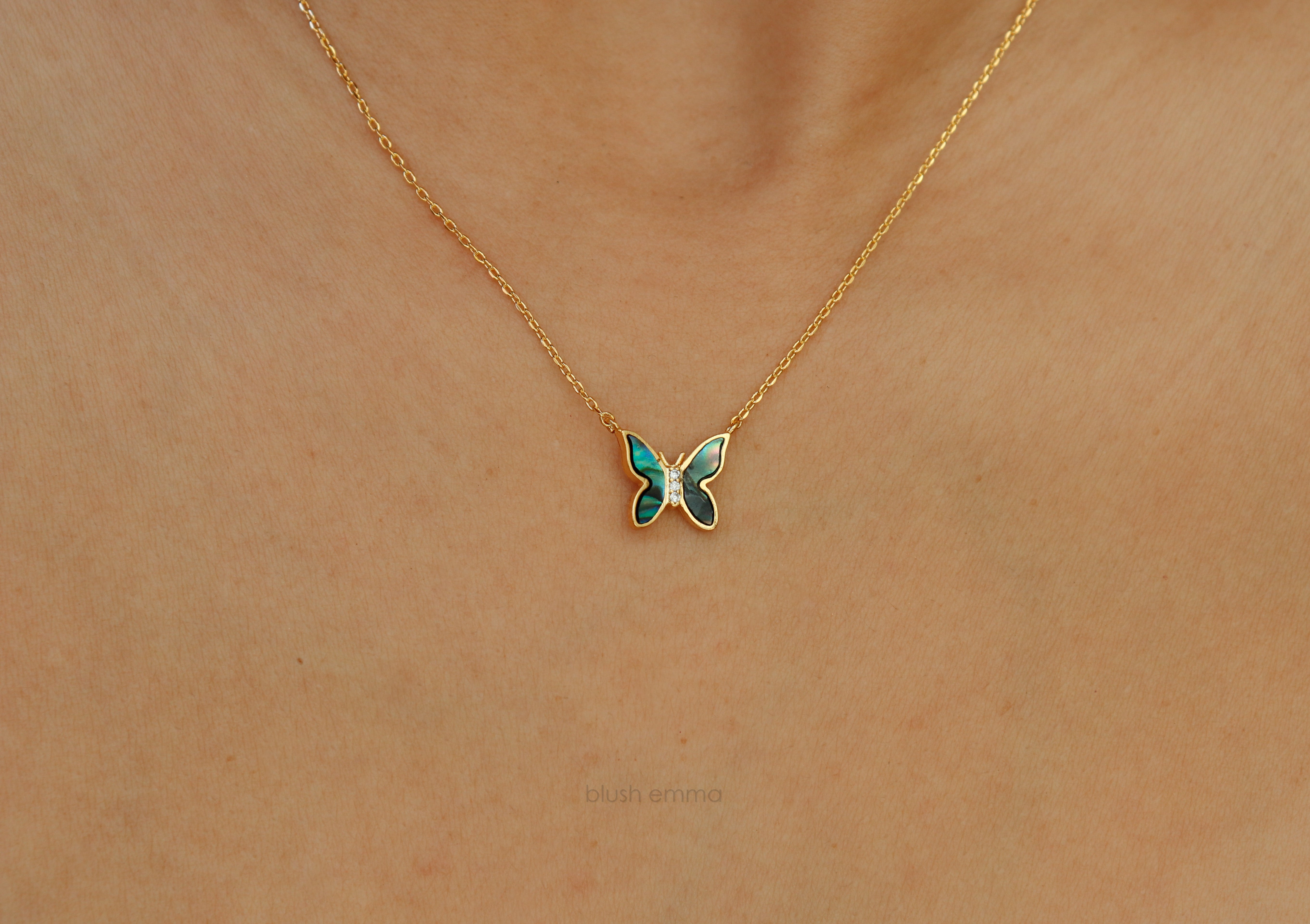 Dainty Abalone Black Shell Wave Butterfly Double Pendant Necklace.
