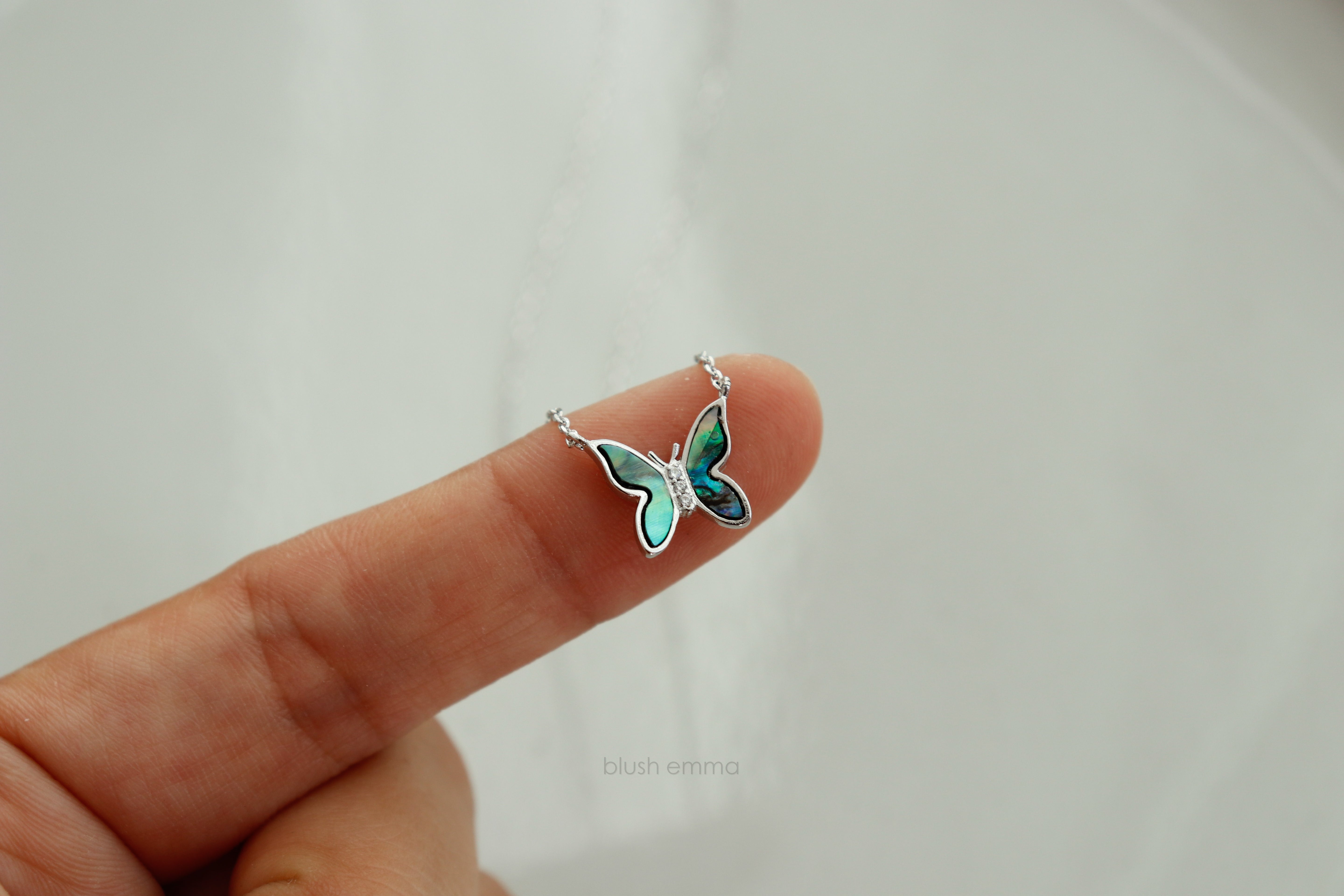Dainty Abalone Black Shell Wave Butterfly Double Pendant Necklace.