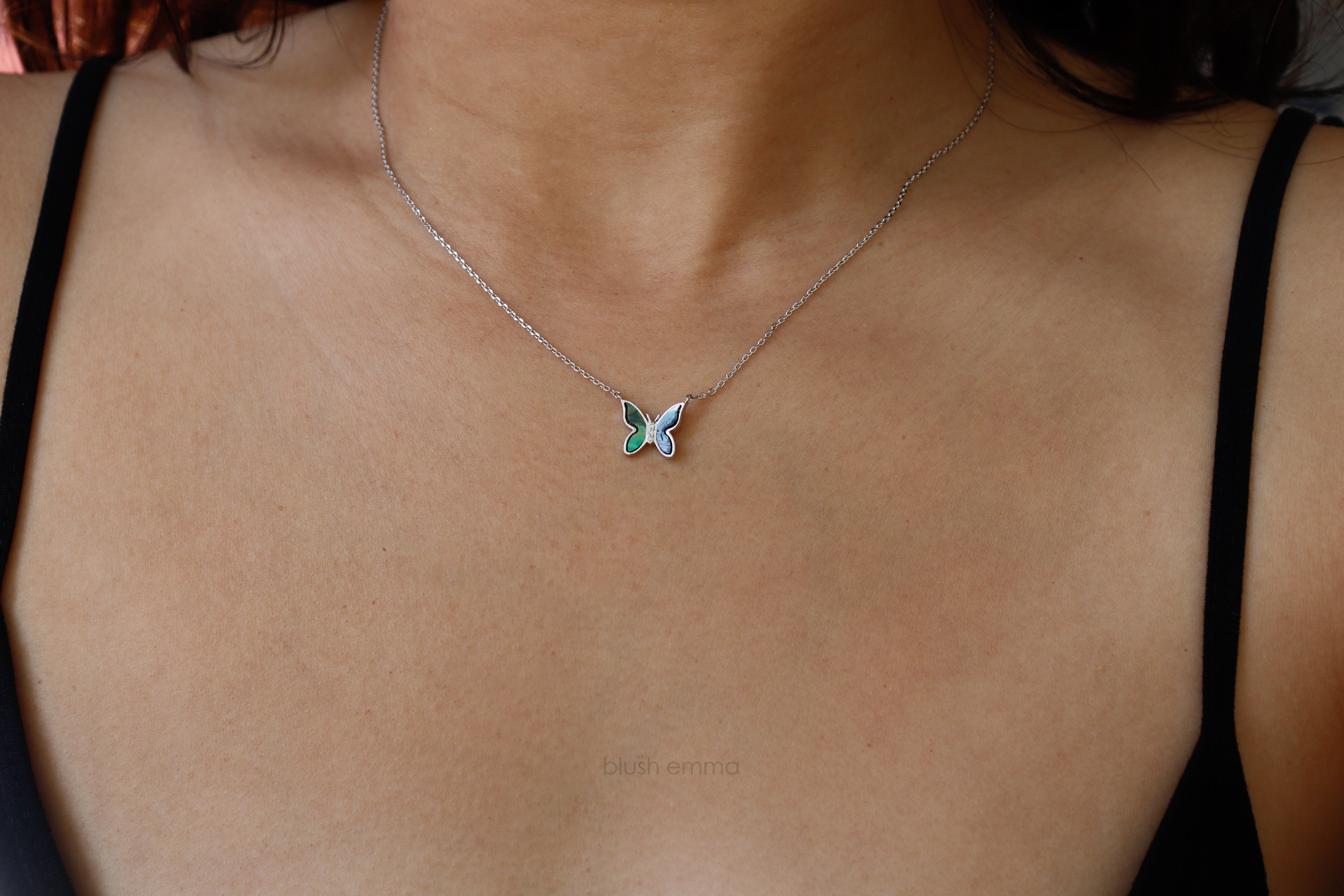 Dainty Abalone Black Shell Wave Butterfly Double Pendant Necklace.