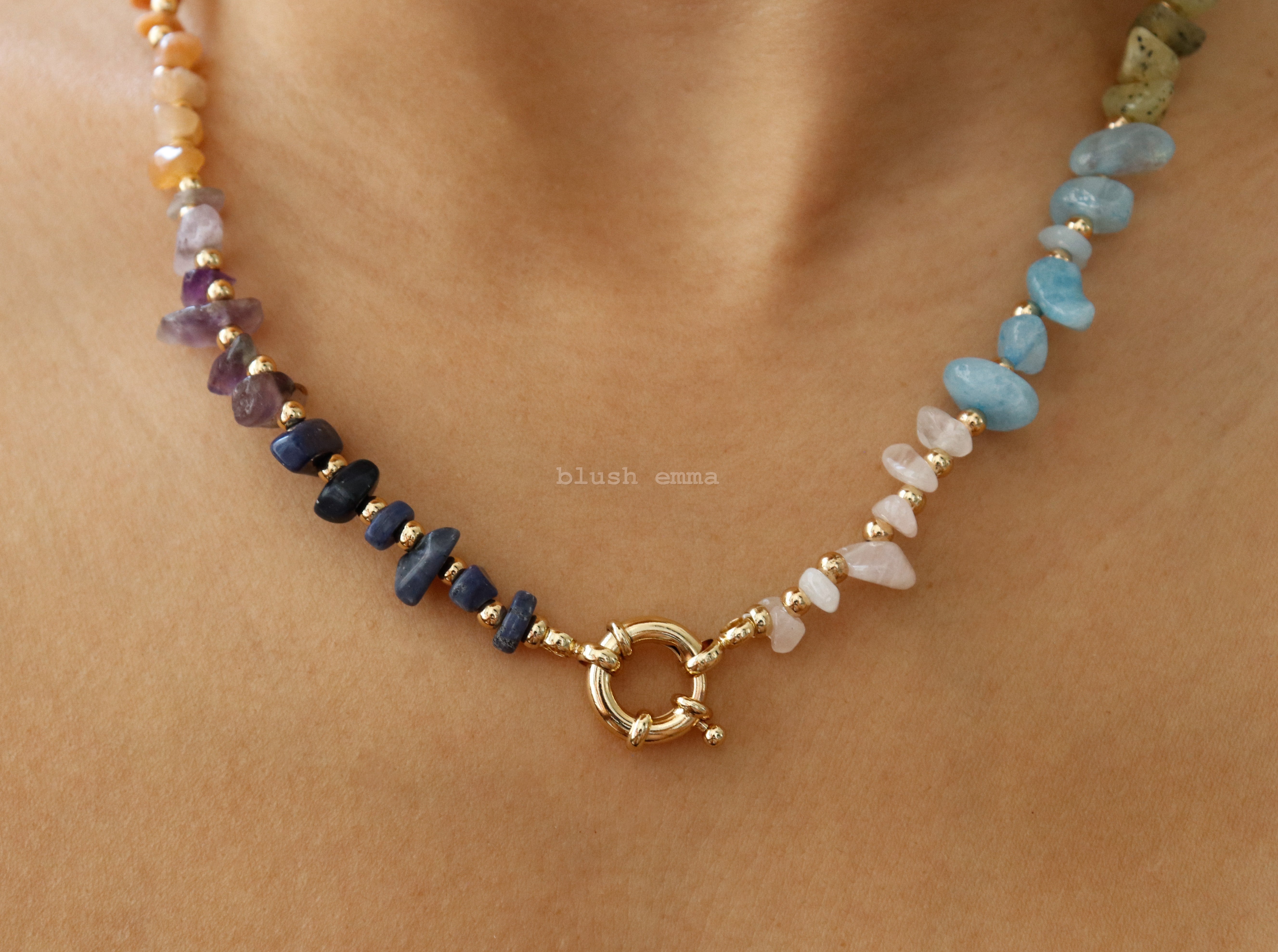 Colorful Mixed Stone Beaded Delicate Necklace. Real functional charm holder. Natural Gem Stones