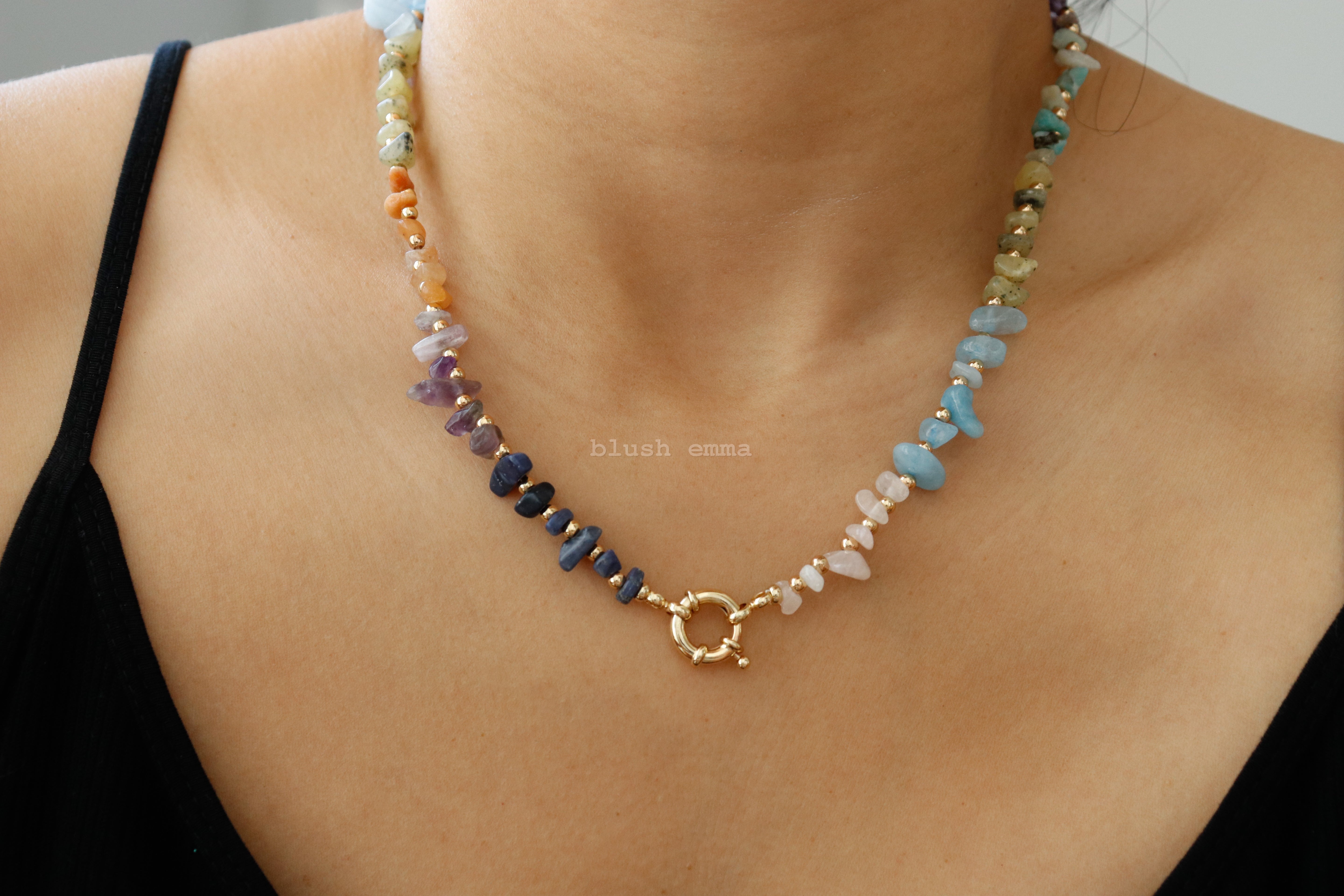 blush emma Colorful Mixed Stone Beaded Delicate Necklace. Real functional charm holder. Natural Gem Stones