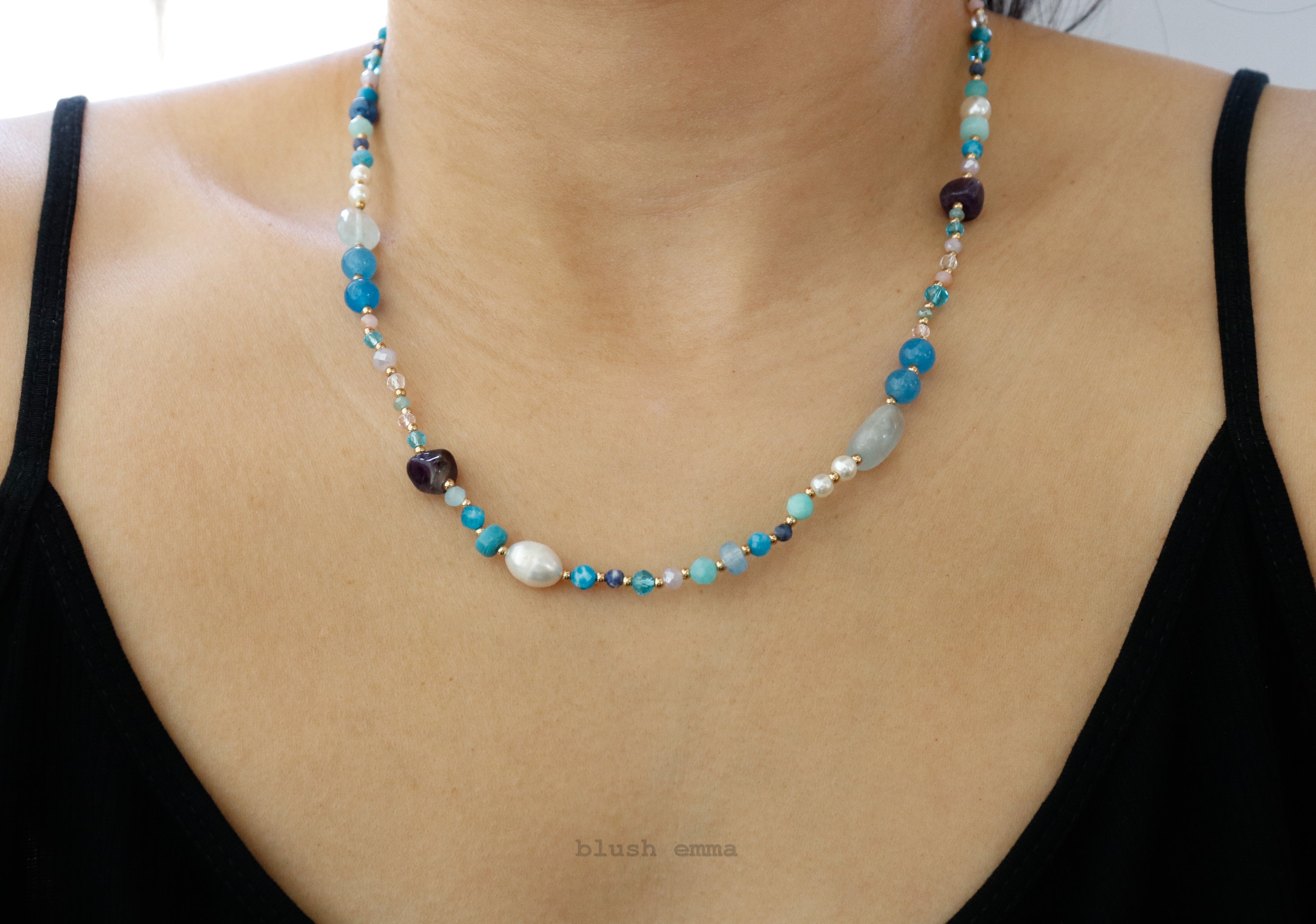 Colorful Mixed Gem Blue Hue Beaded Necklace, Semi-Precious, Faux pearl, Crystal Seeded Dainty Minimal Jewelry, Bridesmaid Bestie Her Gift by Blush Emma