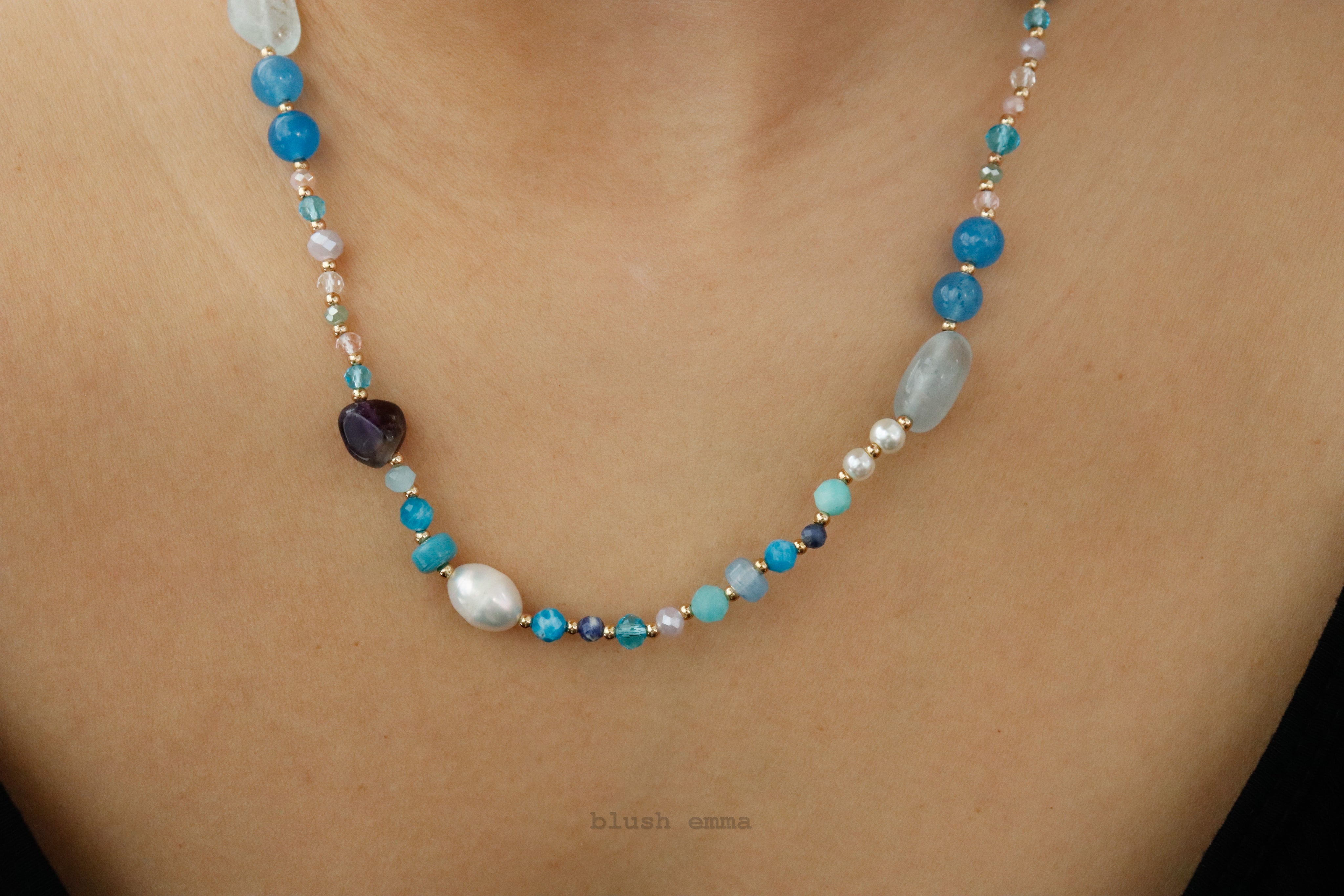 Colorful Mixed Gem Blue Hue Beaded Necklace, Semi-Precious, Faux pearl, Crystal Seeded Dainty Minimal Jewelry, Bridesmaid Bestie Her Gift by Blush Emma
