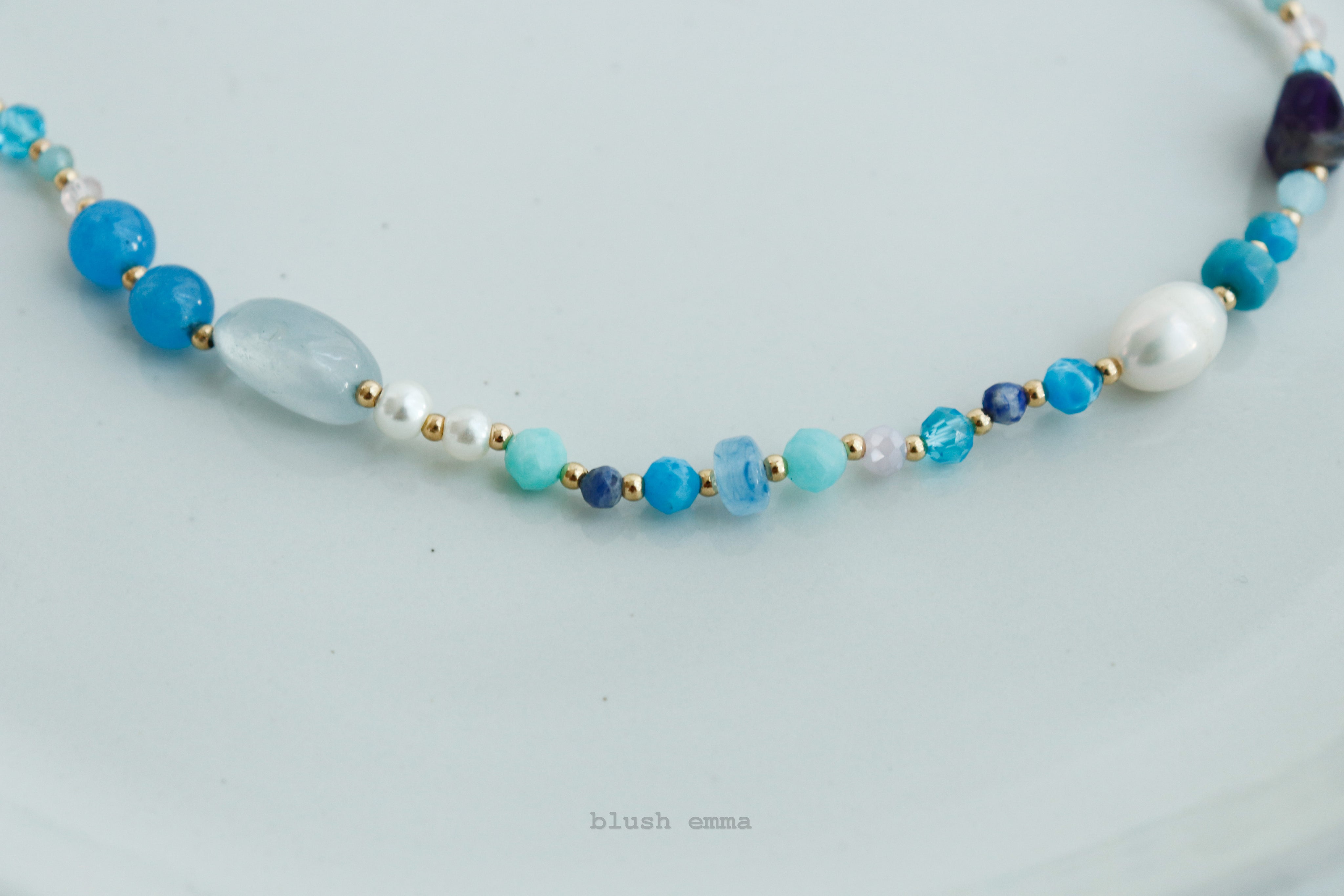 Colorful Mixed Gem Blue Hue Beaded Necklace, Semi-Precious, Faux pearl, Crystal Seeded Dainty Minimal Jewelry, Bridesmaid Bestie Her Gift by Blush Emma