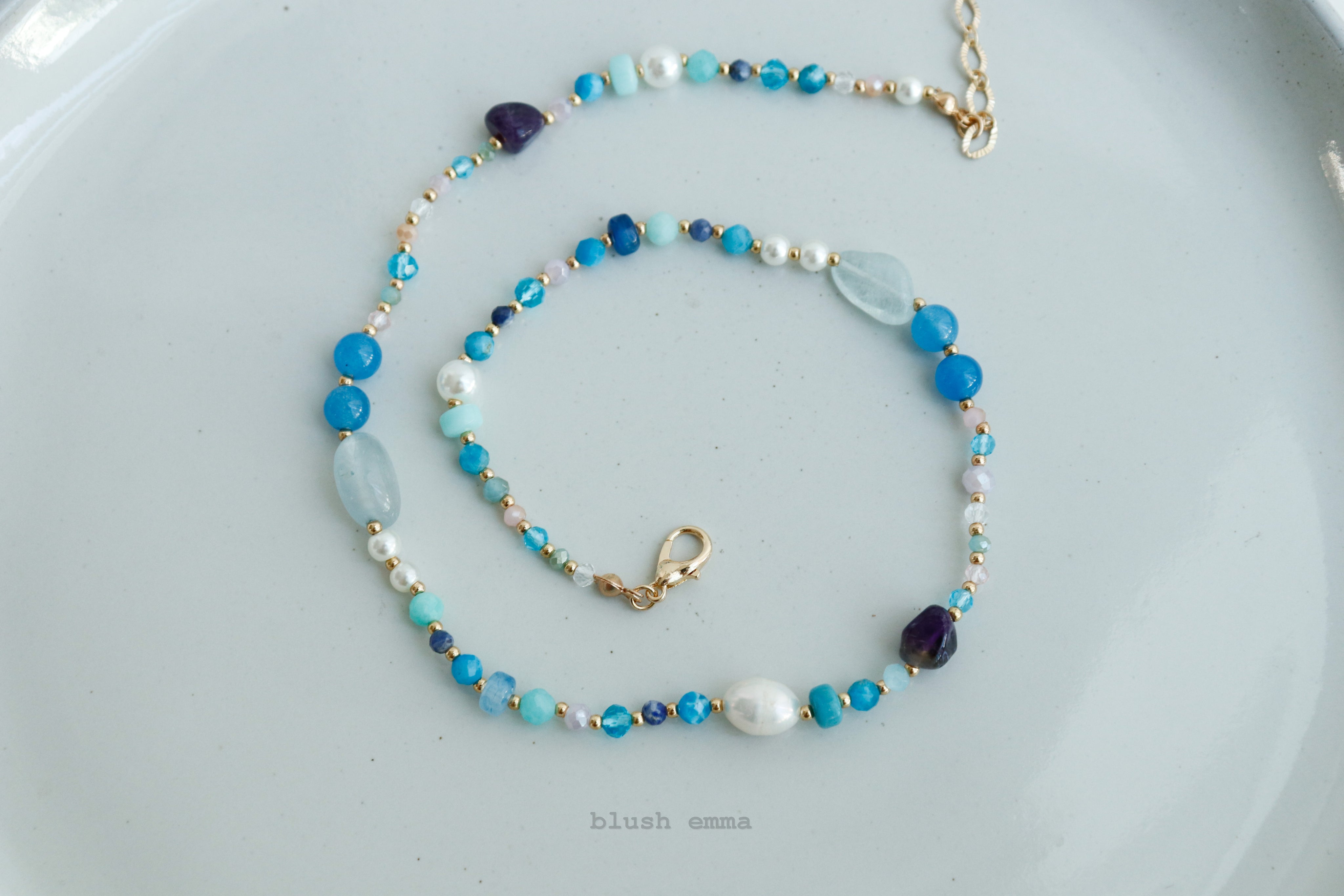 Colorful Mixed Gem Blue Hue Beaded Necklace, Semi-Precious, Faux pearl, Crystal Seeded Dainty Minimal Jewelry, Bridesmaid Bestie Her Gift by Blush Emma