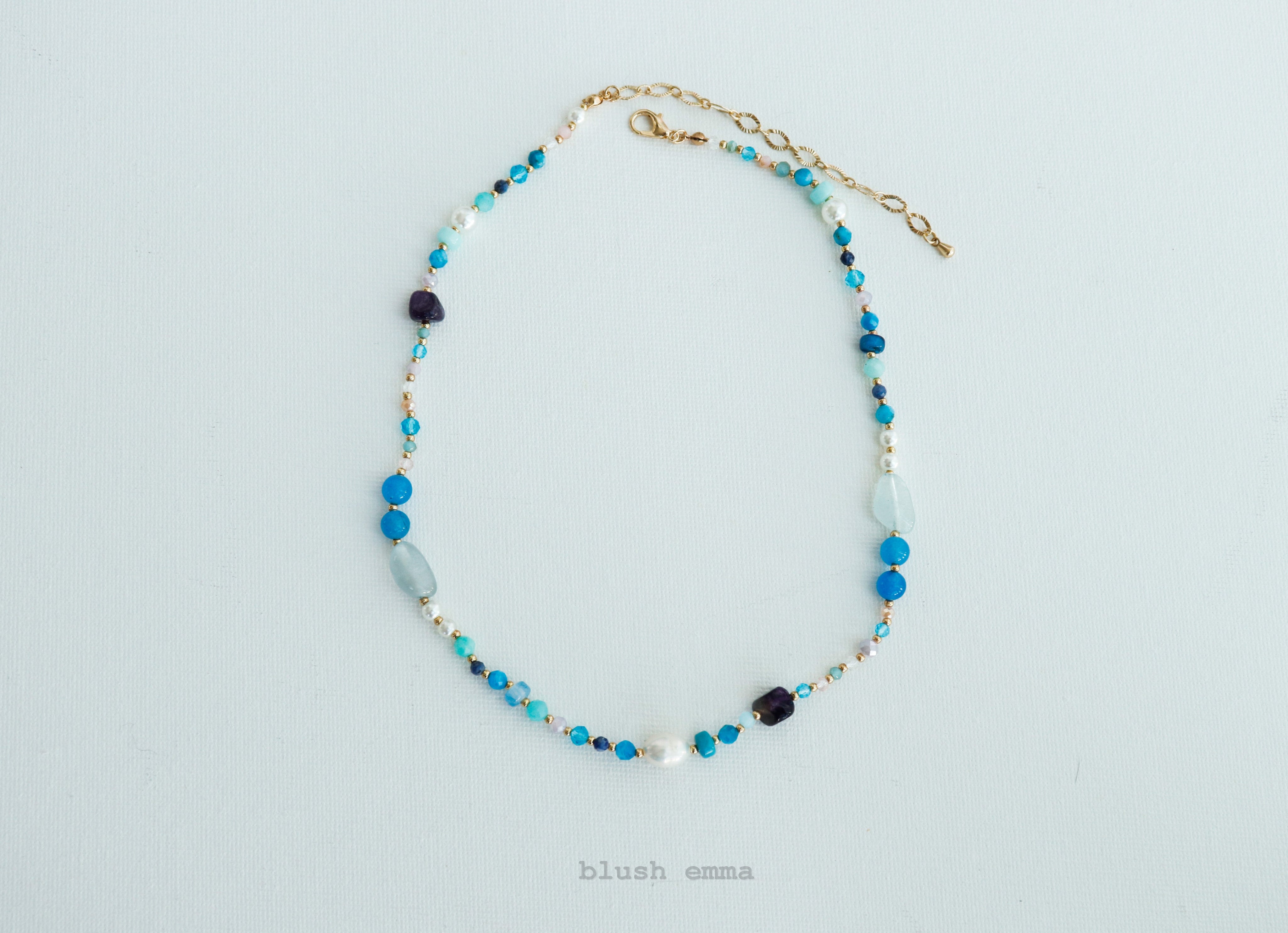 Colorful Mixed Gem Blue Hue Beaded Necklace, Semi-Precious, Faux pearl, Crystal Seeded Dainty Minimal Jewelry, Bridesmaid Bestie Her Gift by Blush Emma