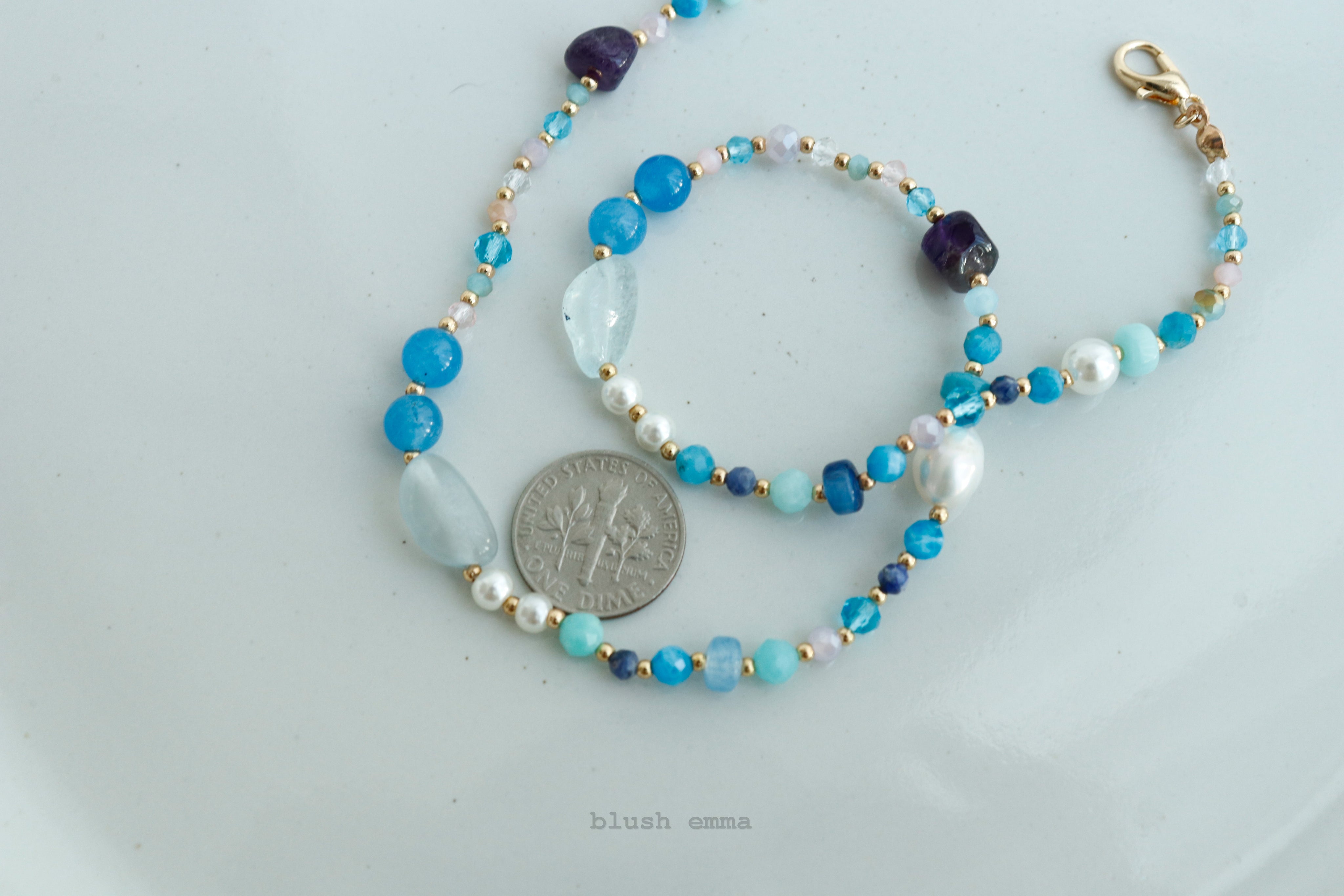 Colorful Mixed Gem Blue Hue Beaded Necklace, Semi-Precious, Faux pearl, Crystal Seeded Dainty Minimal Jewelry, Bridesmaid Bestie Her Gift by Blush Emma