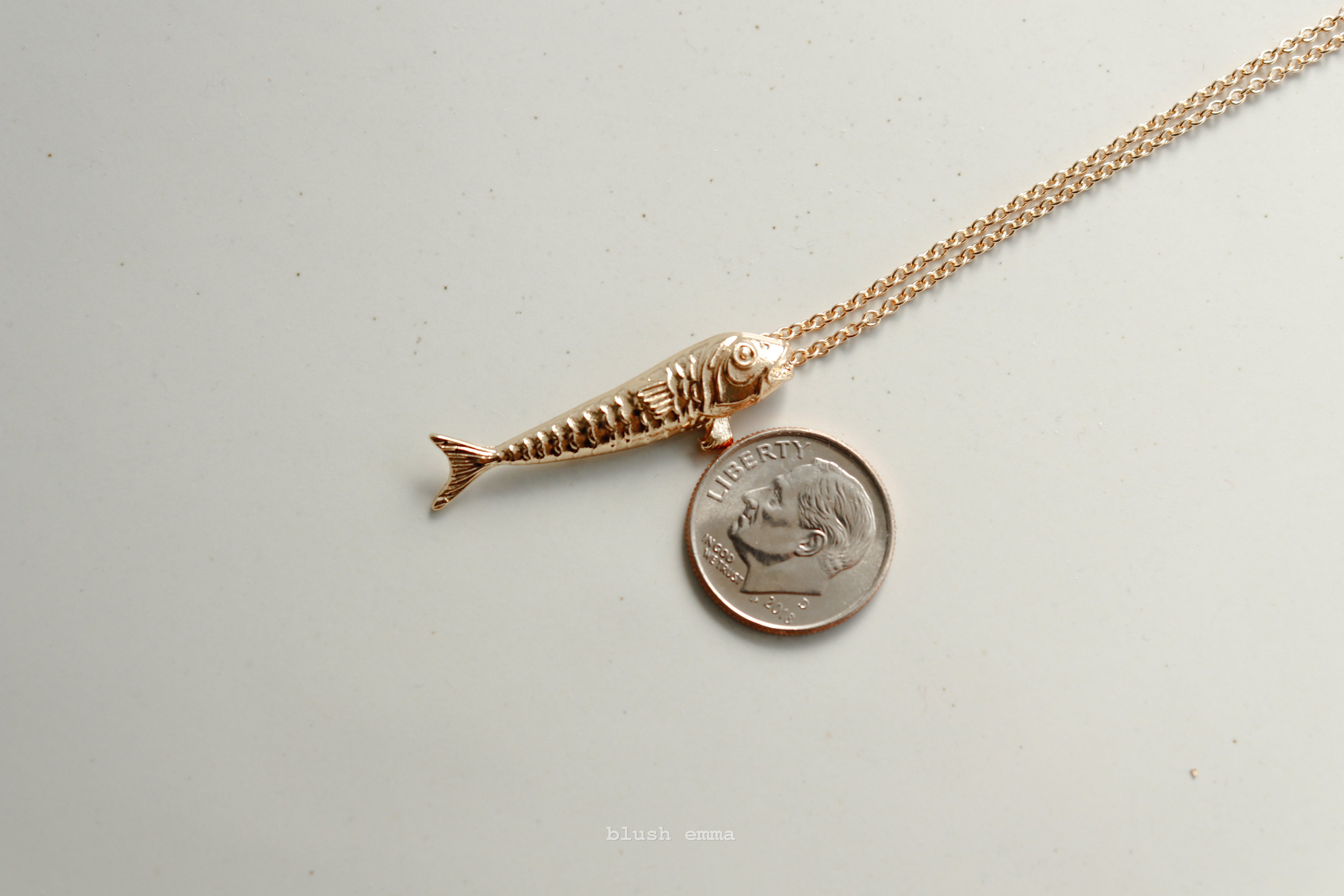 Gold fish-shaped pendant on a chain next to a coin on a light gray background