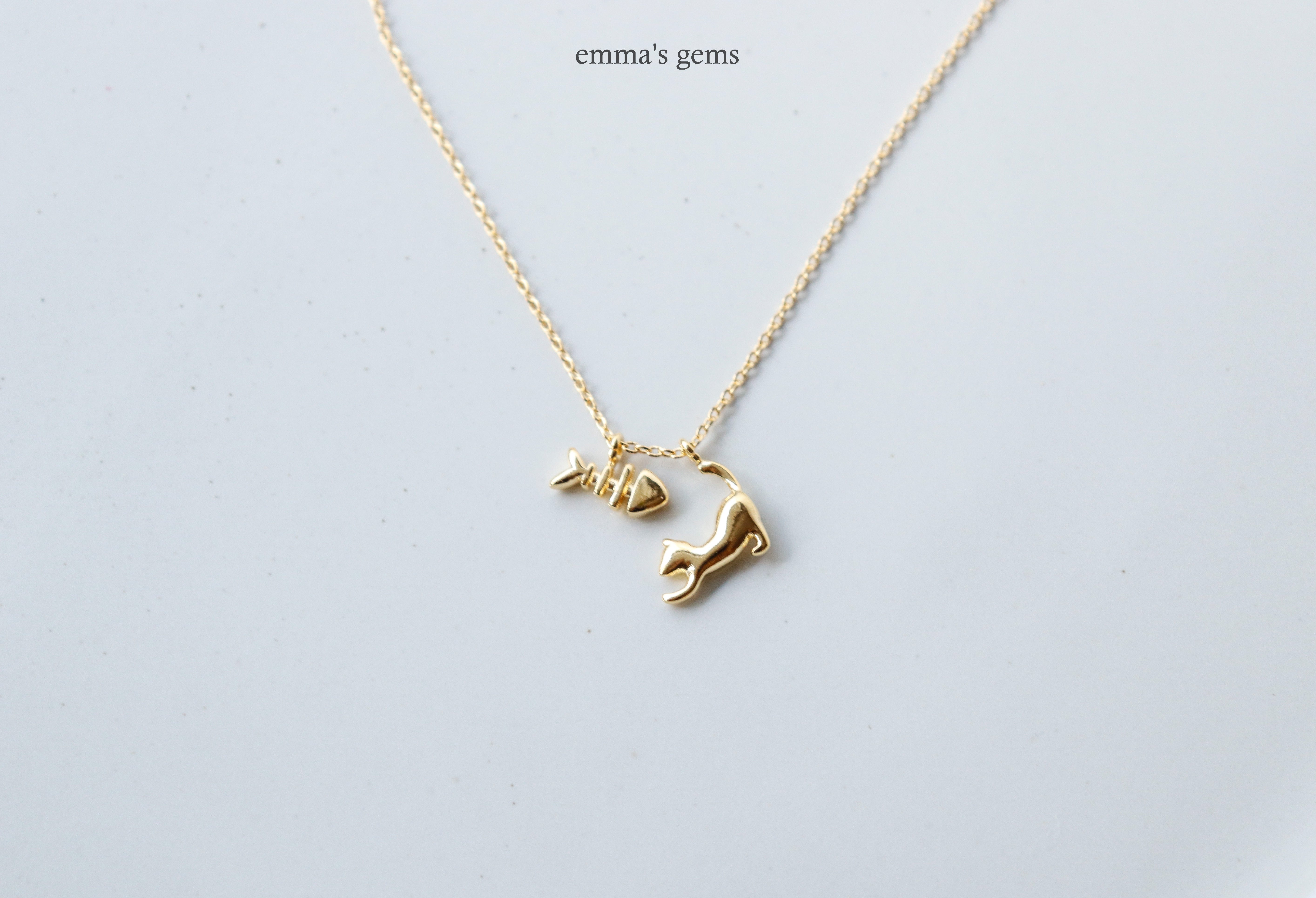 gold plated Dainty Cat and Fishbone Charm Necklace, Fish Kitty, Gold Dipped, Unique Animal Jewelry, Women's Pendant for Birthdays, Gifts