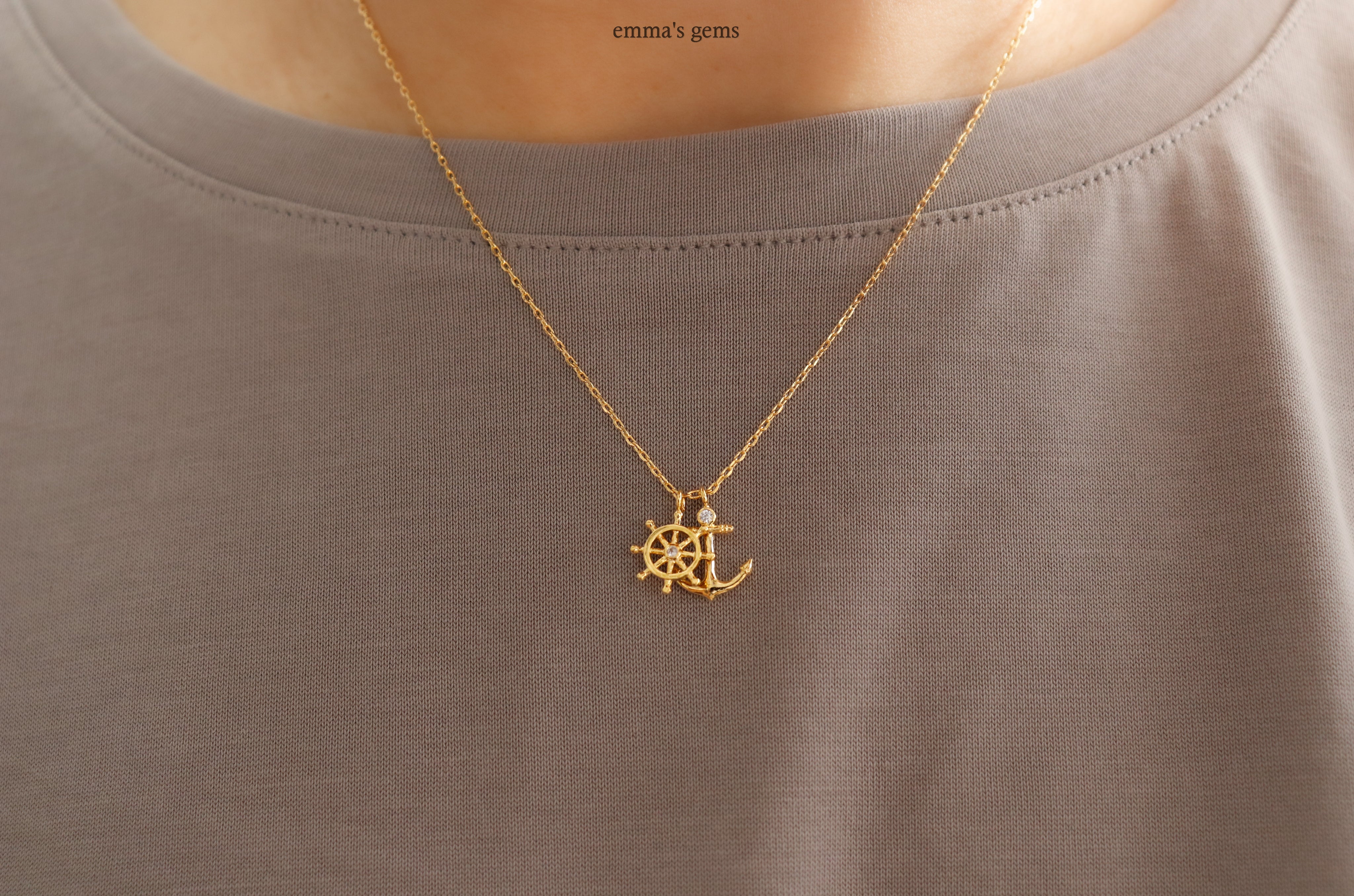 gold plated Anchor and Boatwheel necklace