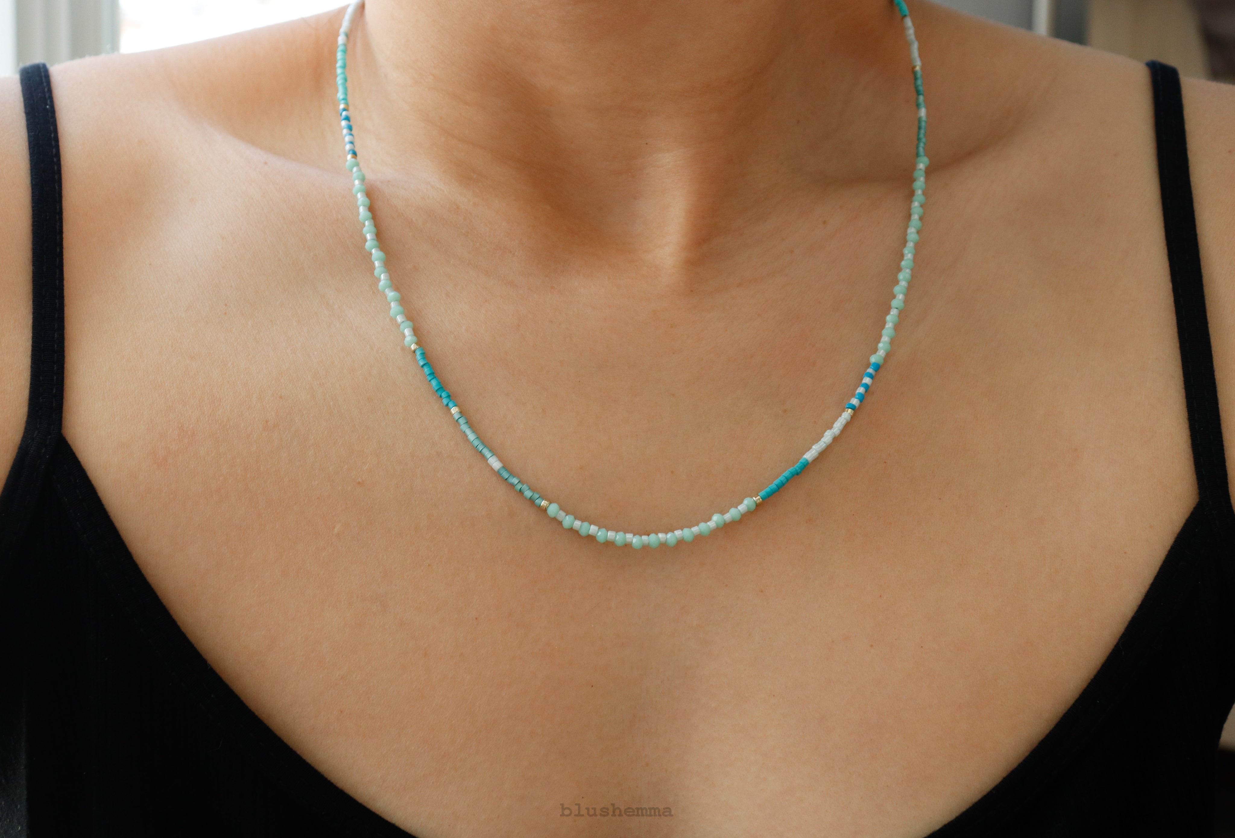Baby Mint Blue Ombre Seed Beaded Necklace, Adjustable Braid Pull