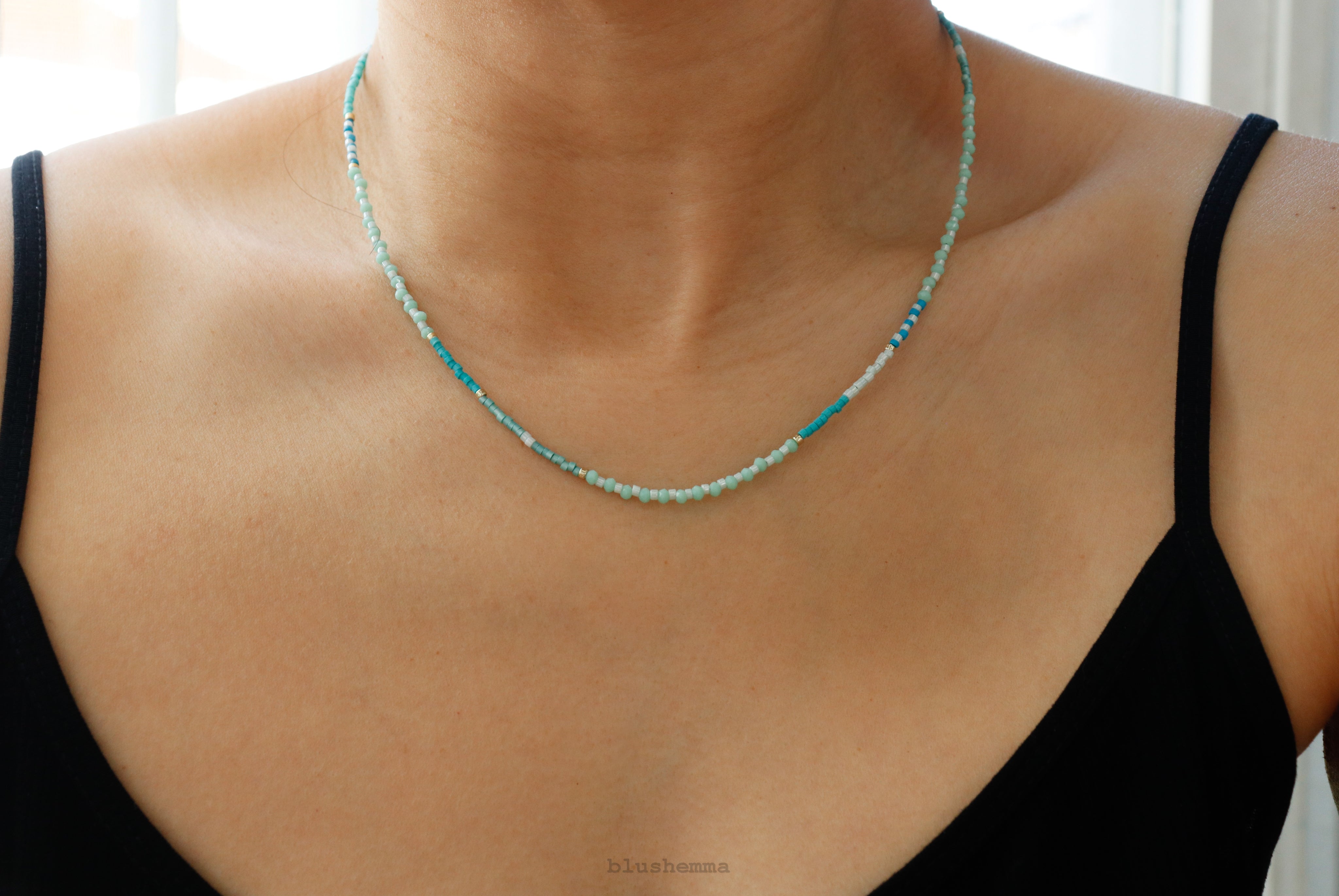 Baby Mint Blue Ombre Seed Beaded Necklace, Adjustable Braid Pull