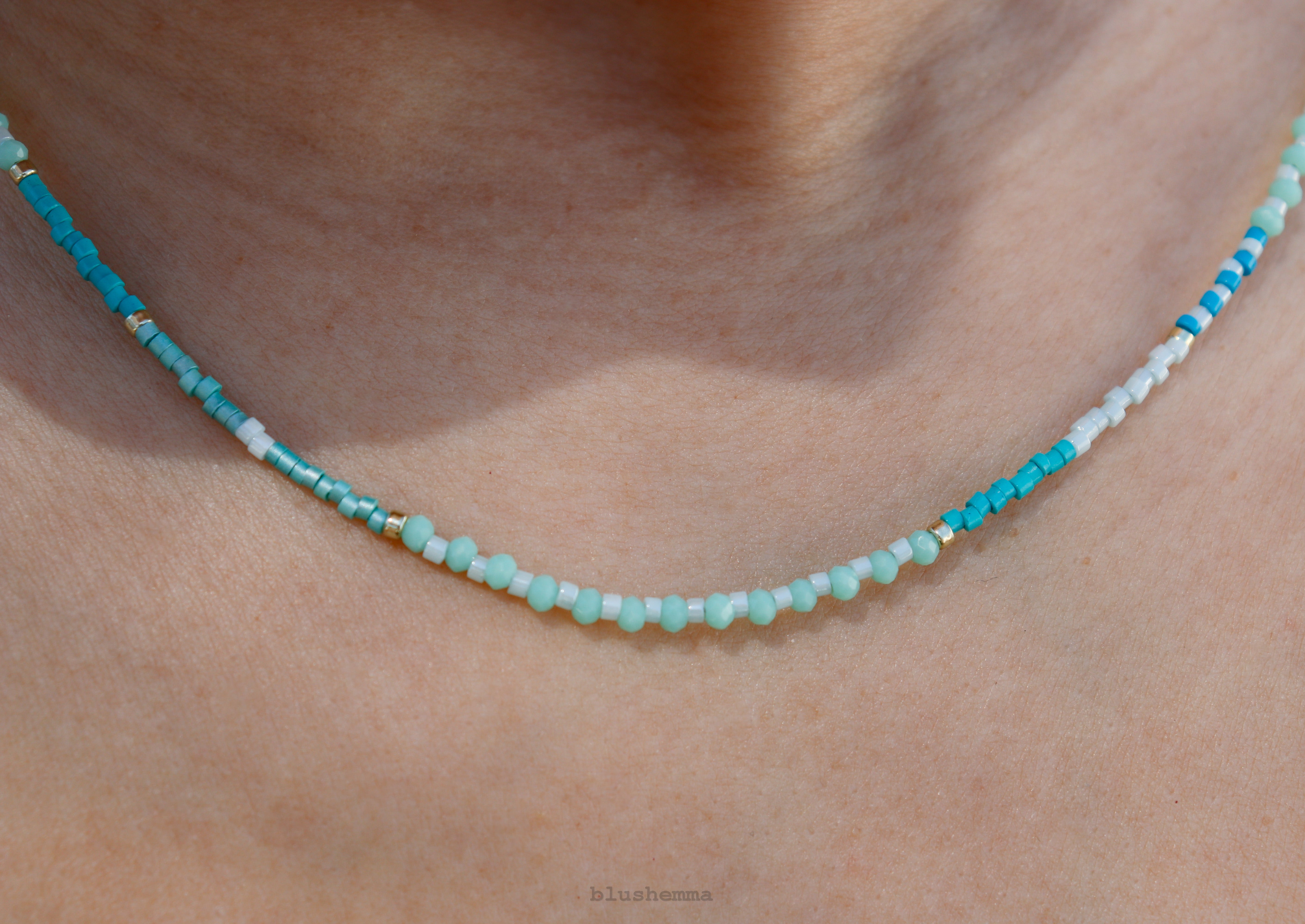 Baby Mint Blue Ombre Seed Beaded Necklace, Adjustable Braid Pull