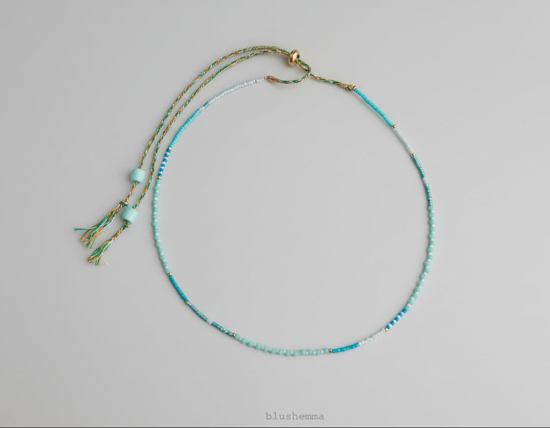 Baby Mint Blue Ombre Seed Beaded Necklace, Adjustable Braid Pull