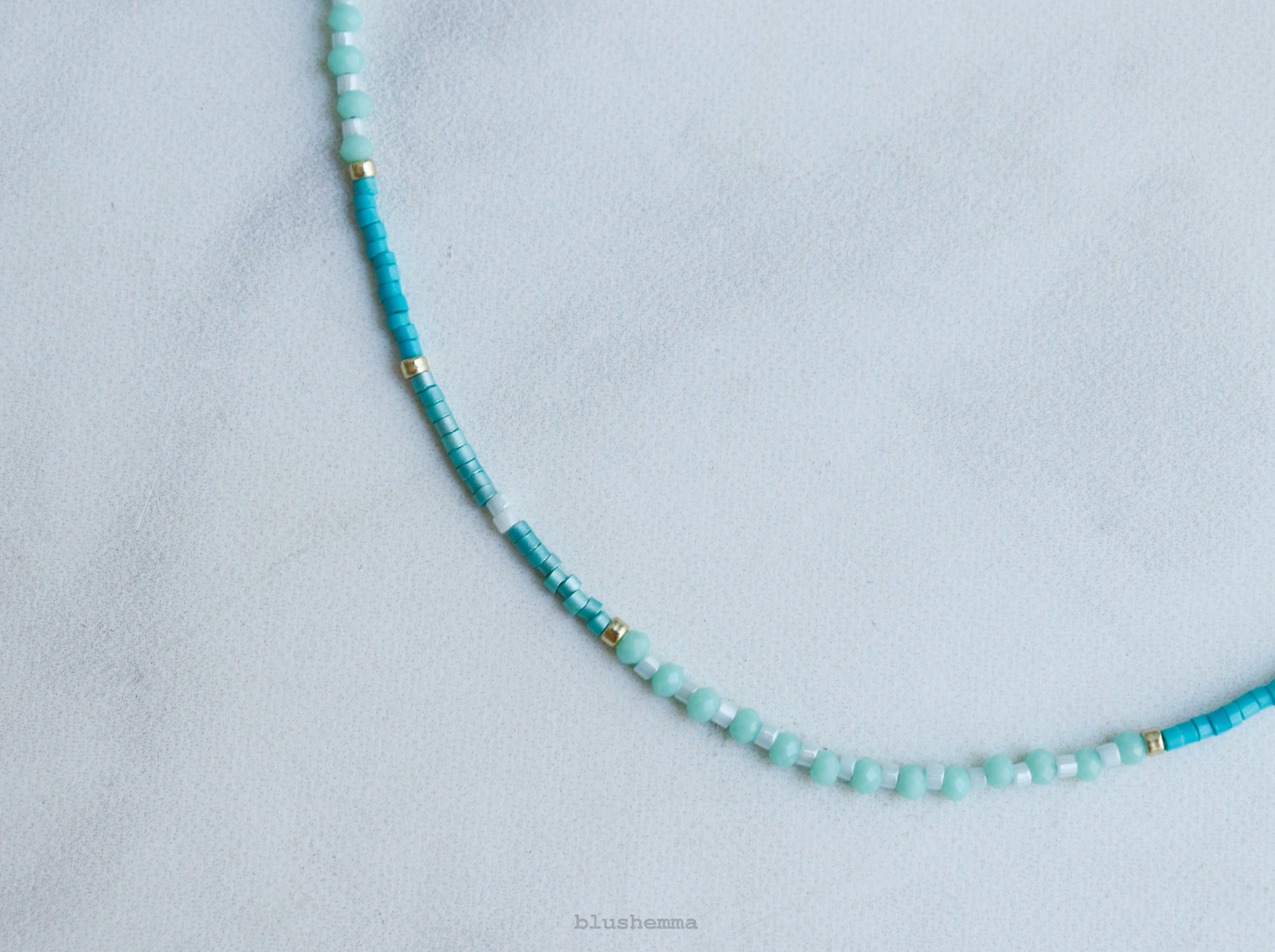 Baby Mint Blue Ombre Seed Beaded Necklace, Adjustable Braid Pull