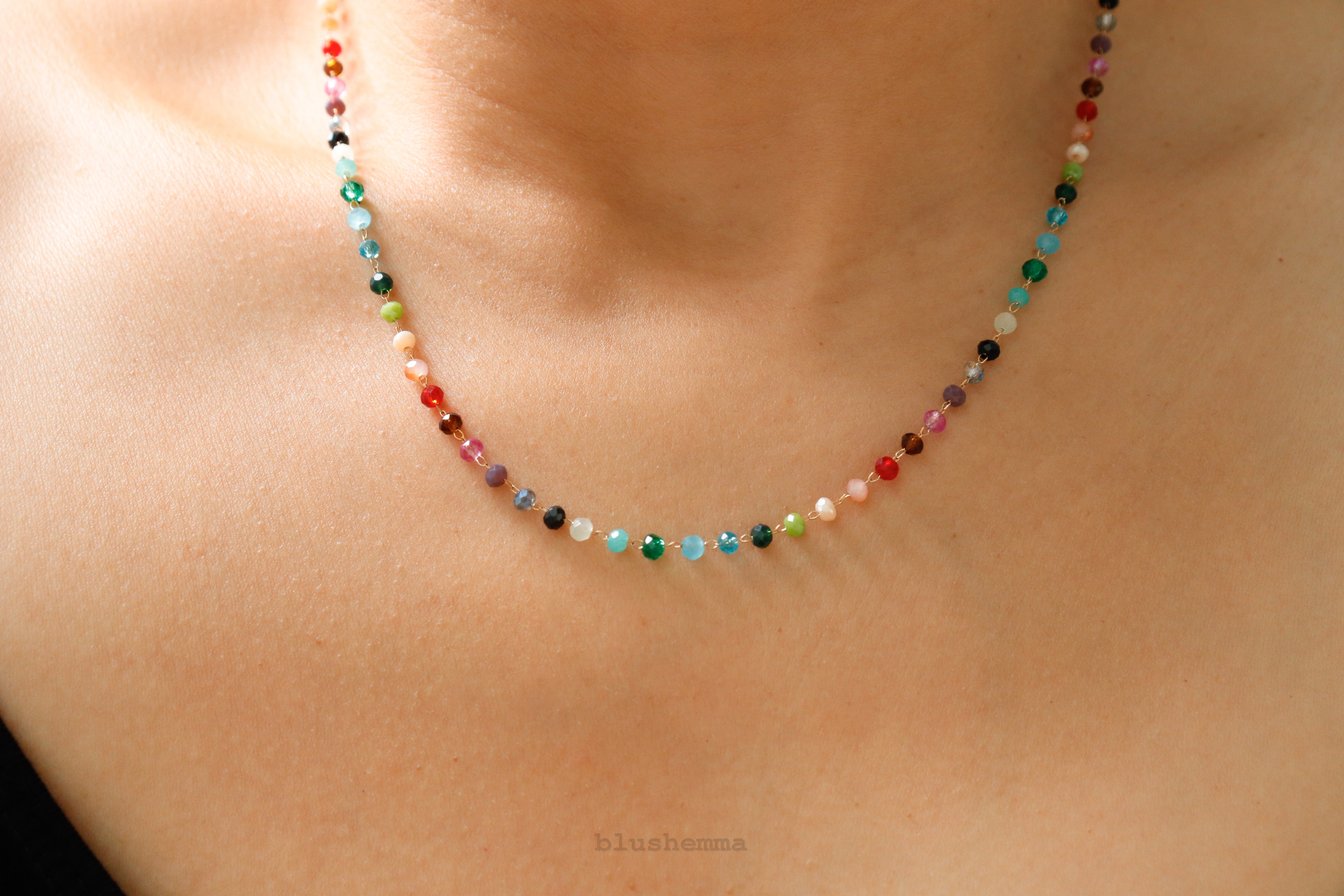 Blushemma Colorful Rainbow 3mm Crystal Glass Beaded Beach Necklace