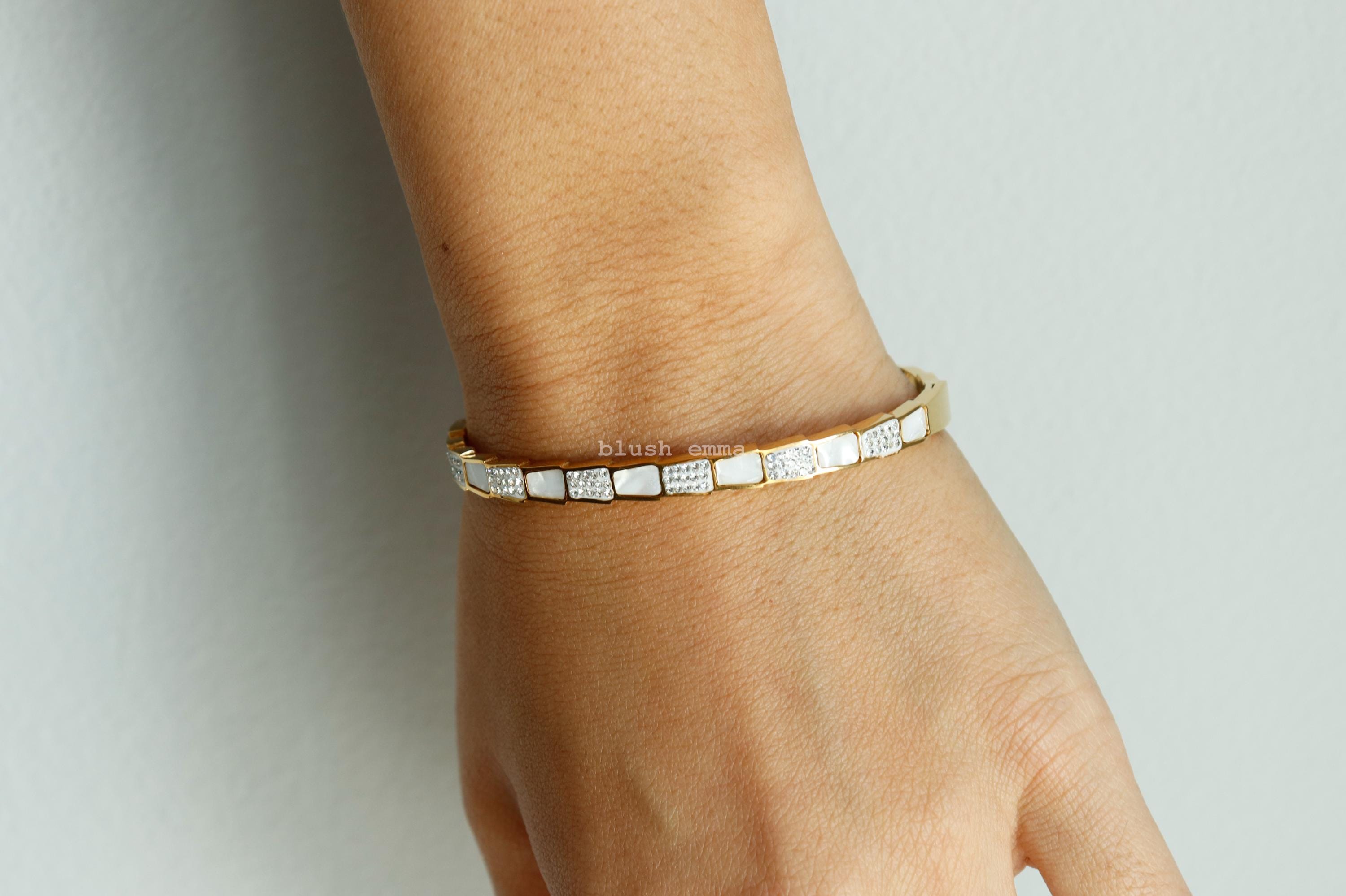White Shell Crystal Pave Layered Trapezoid Cuff Bangle Bracelet. Stainless Steel