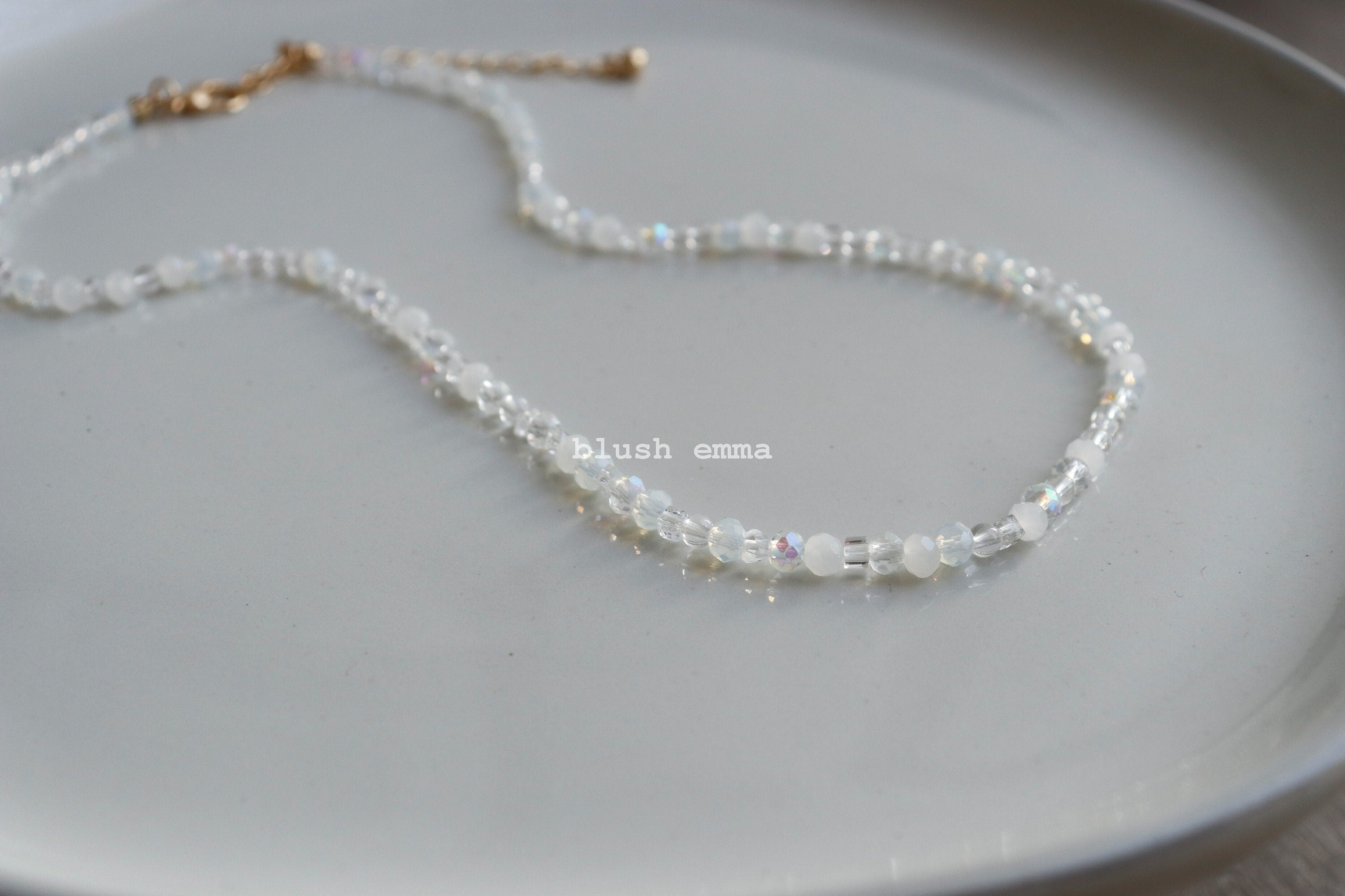 Frosted White, Iridescent Clear Crystal Glass Beaded Necklace