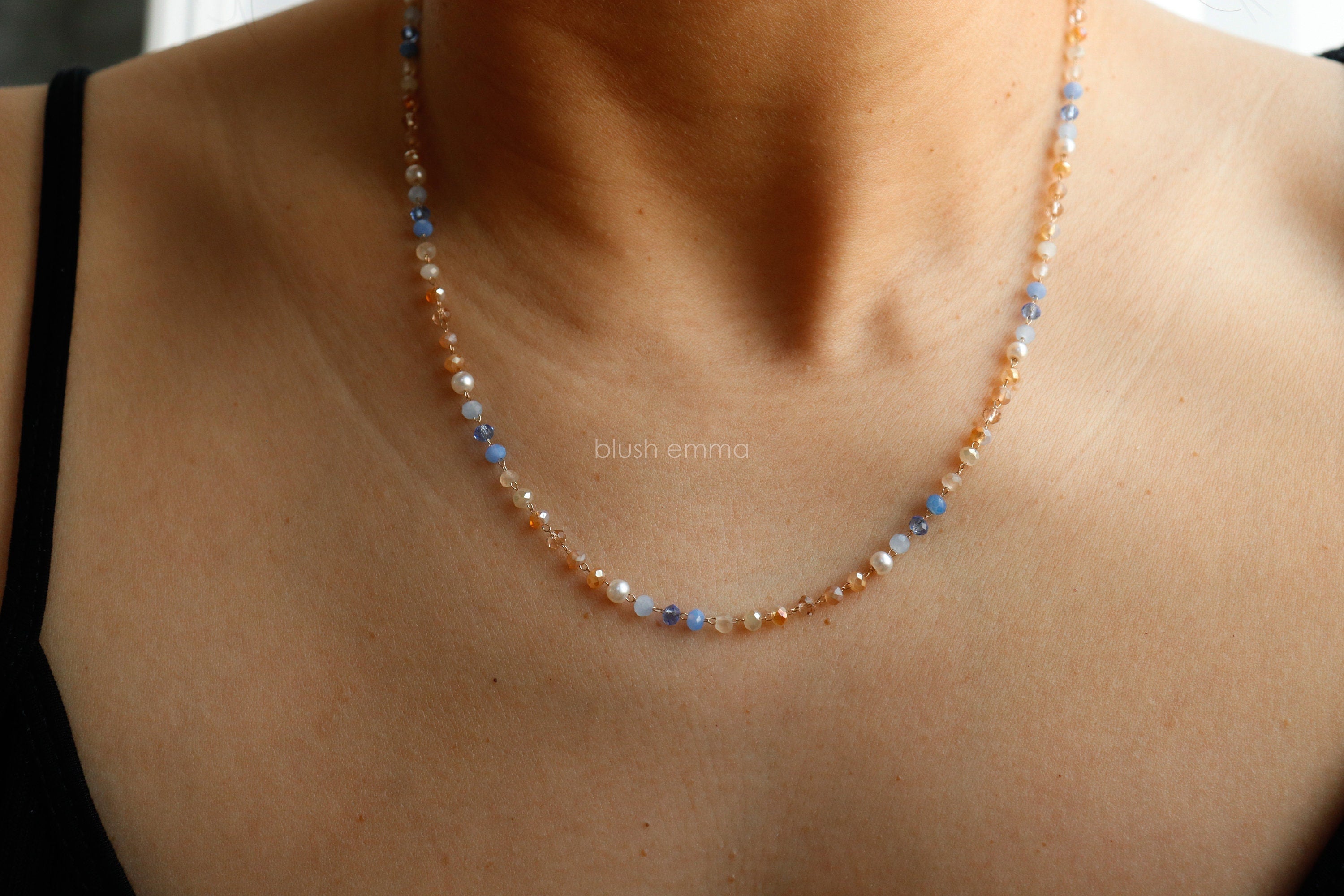 Pretty Me Blue, Beige Tones Pearl Accent Crystal Beaded Necklace