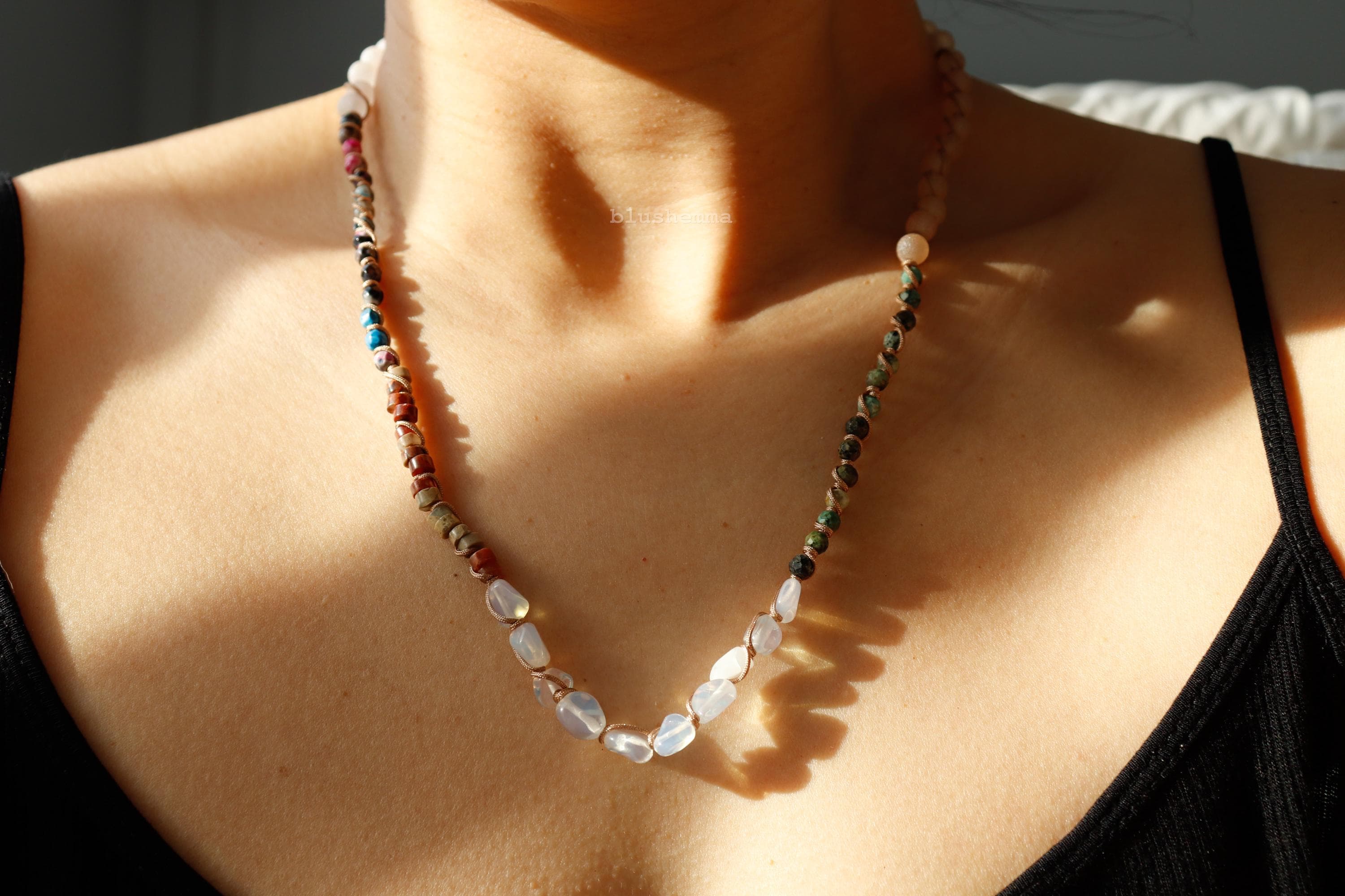 Bold Color Mixed Stone and Gem Roped Tied Beaded Necklace