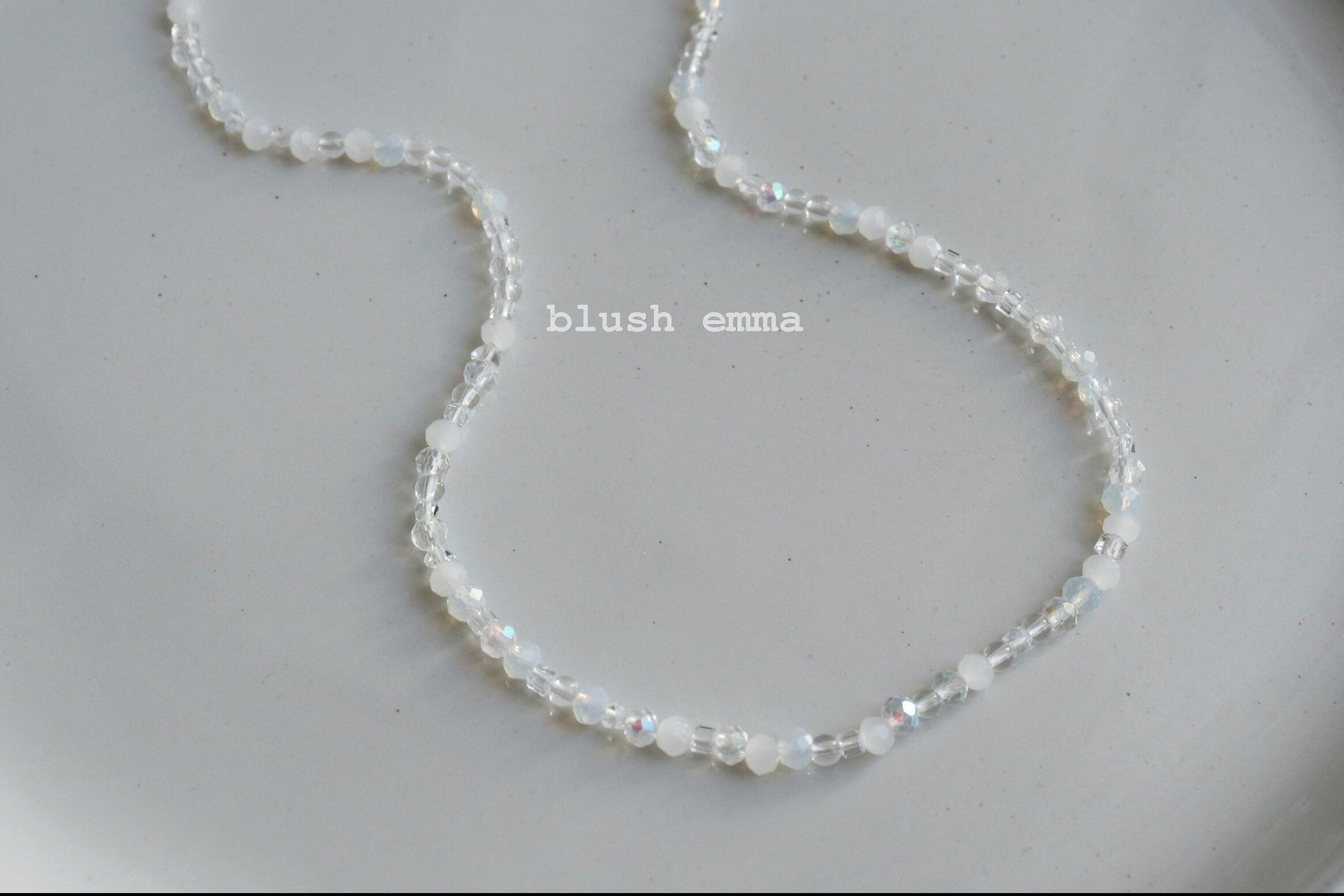 Frosted White, Iridescent Clear Crystal Glass Beaded Necklace