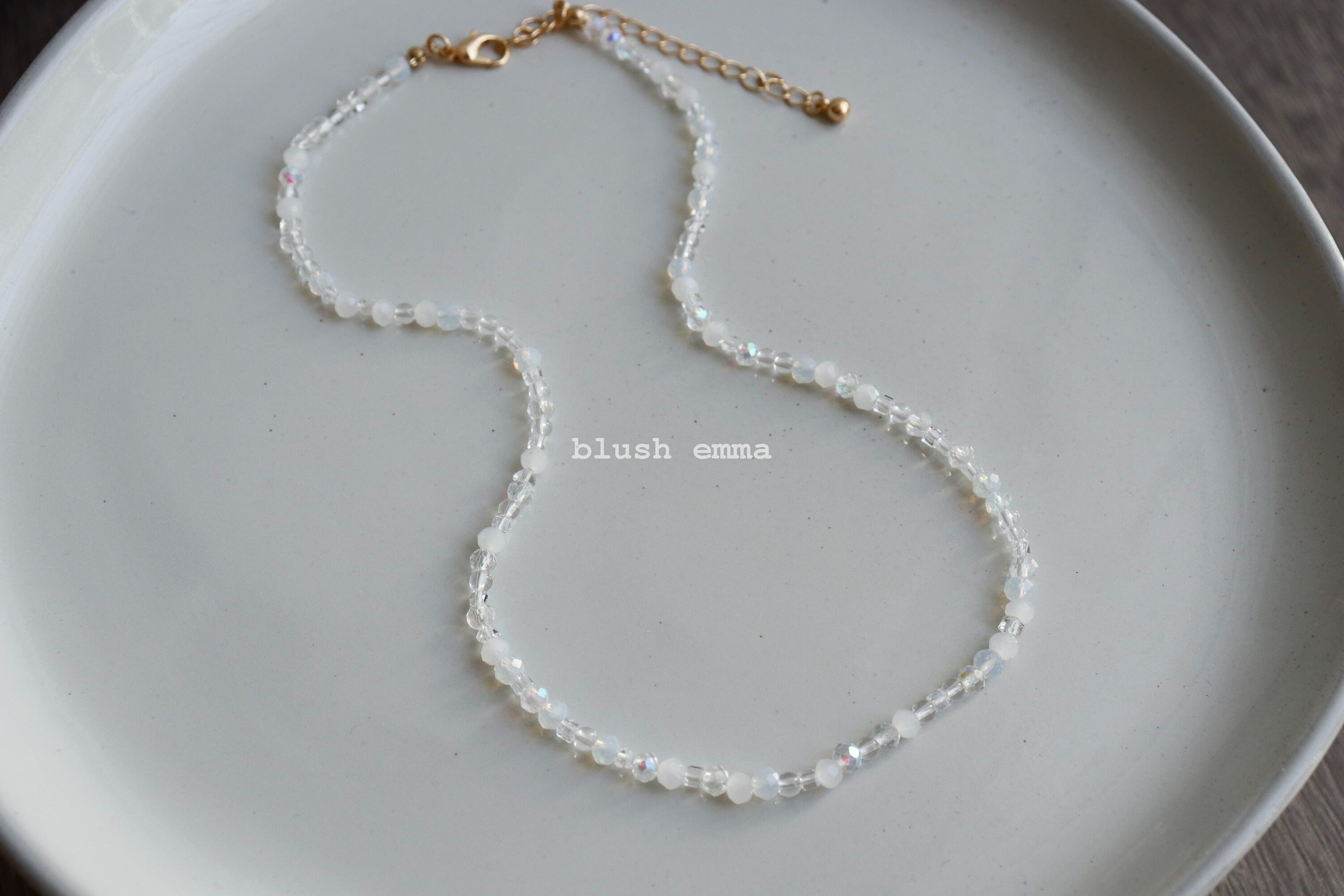Frosted White, Iridescent Clear Crystal Glass Beaded Necklace