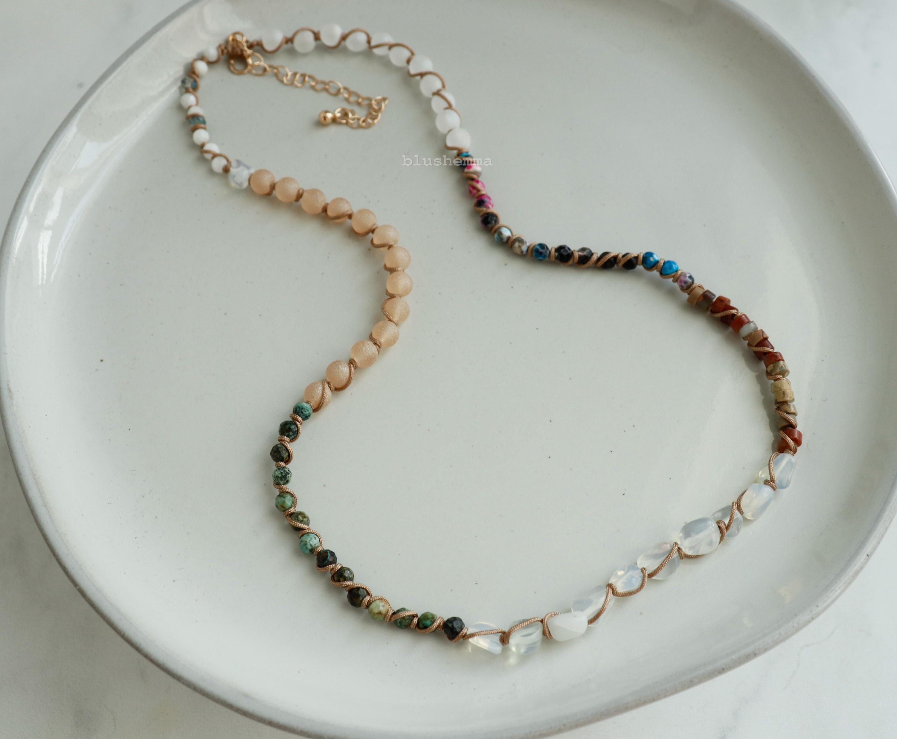 Bold Color Mixed Stone and Gem Roped Tied Beaded Necklace