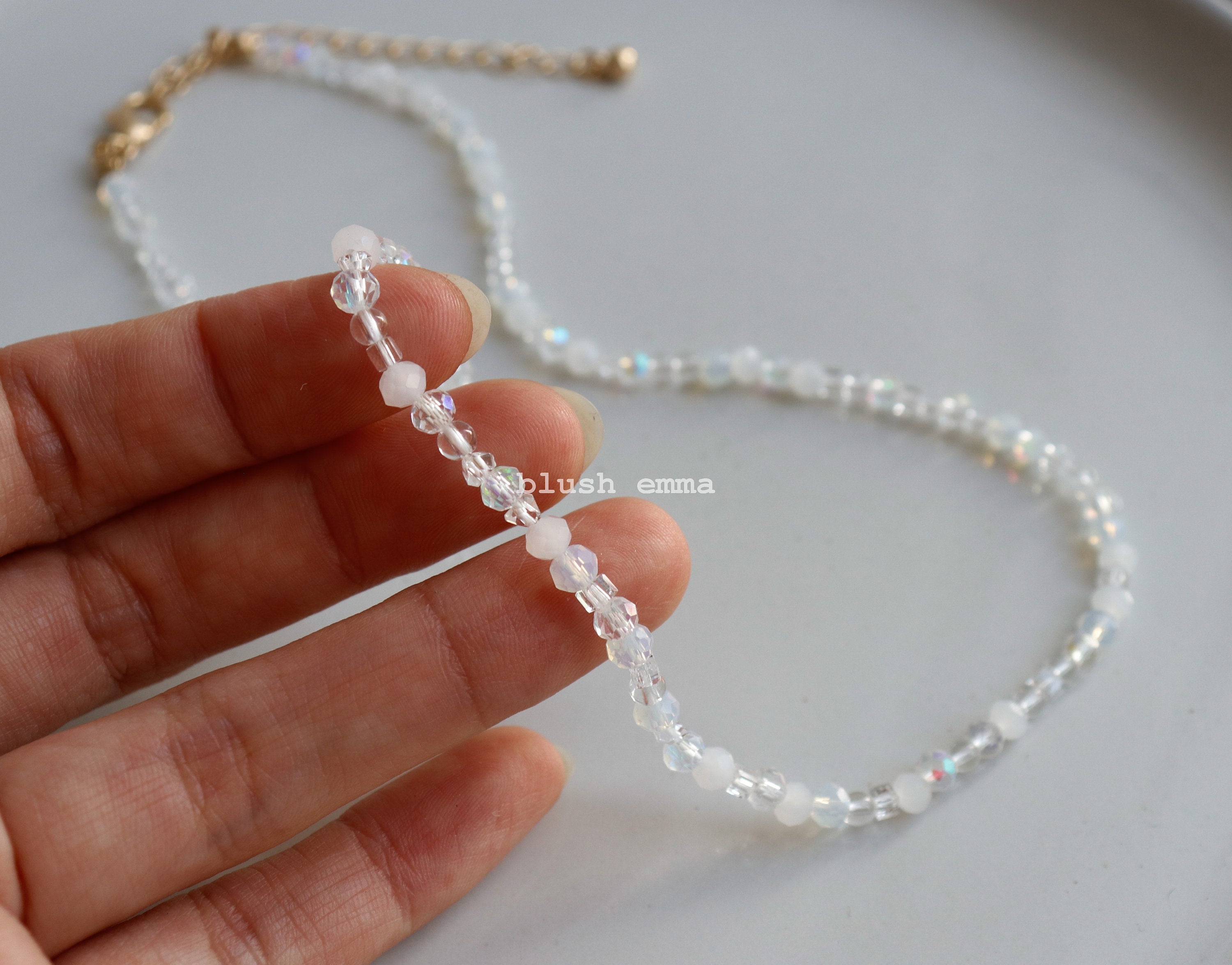 Frosted White, Iridescent Clear Crystal Glass Beaded Necklace