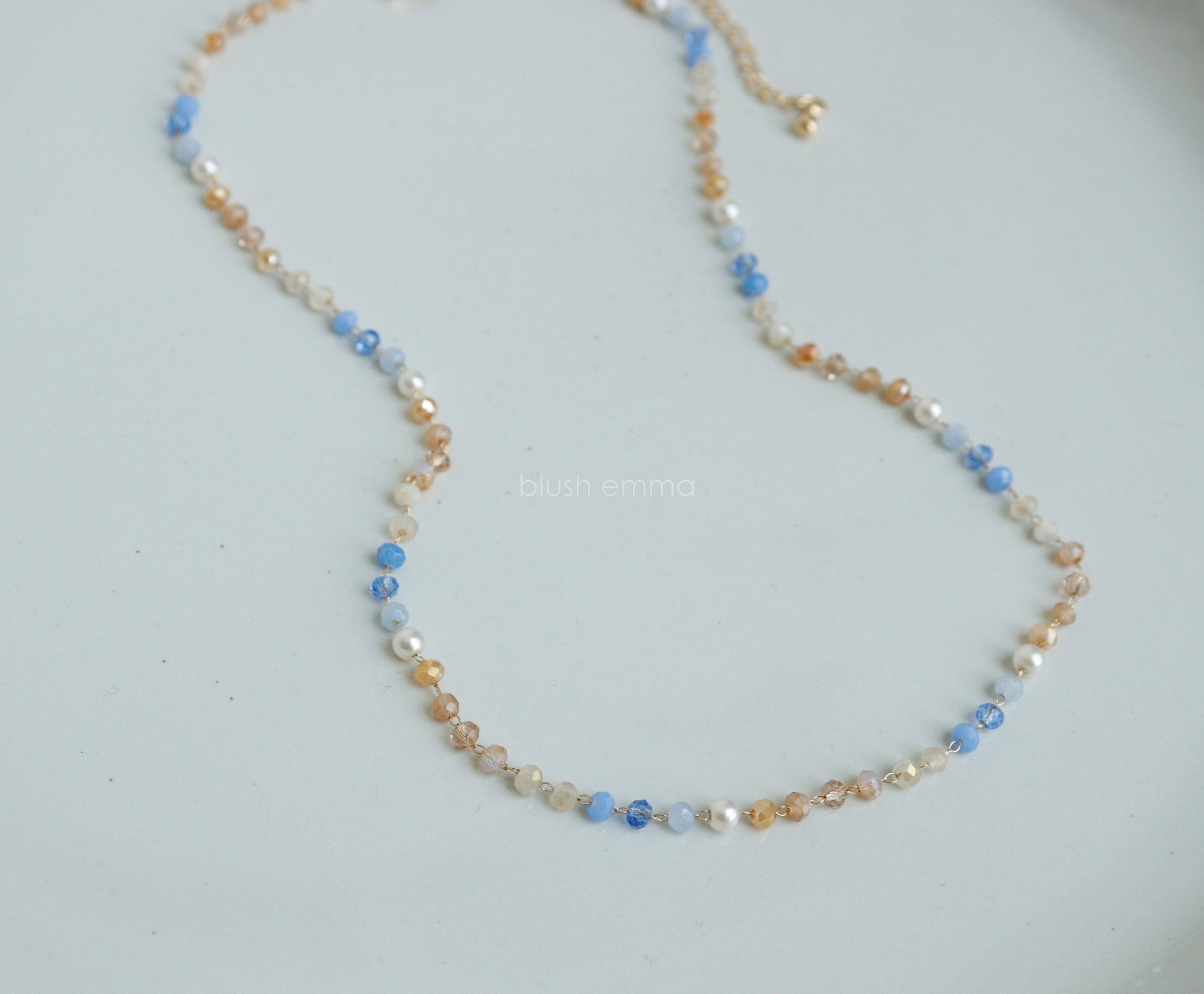 Pretty Me Blue, Beige Tones Pearl Accent Crystal Beaded Necklace