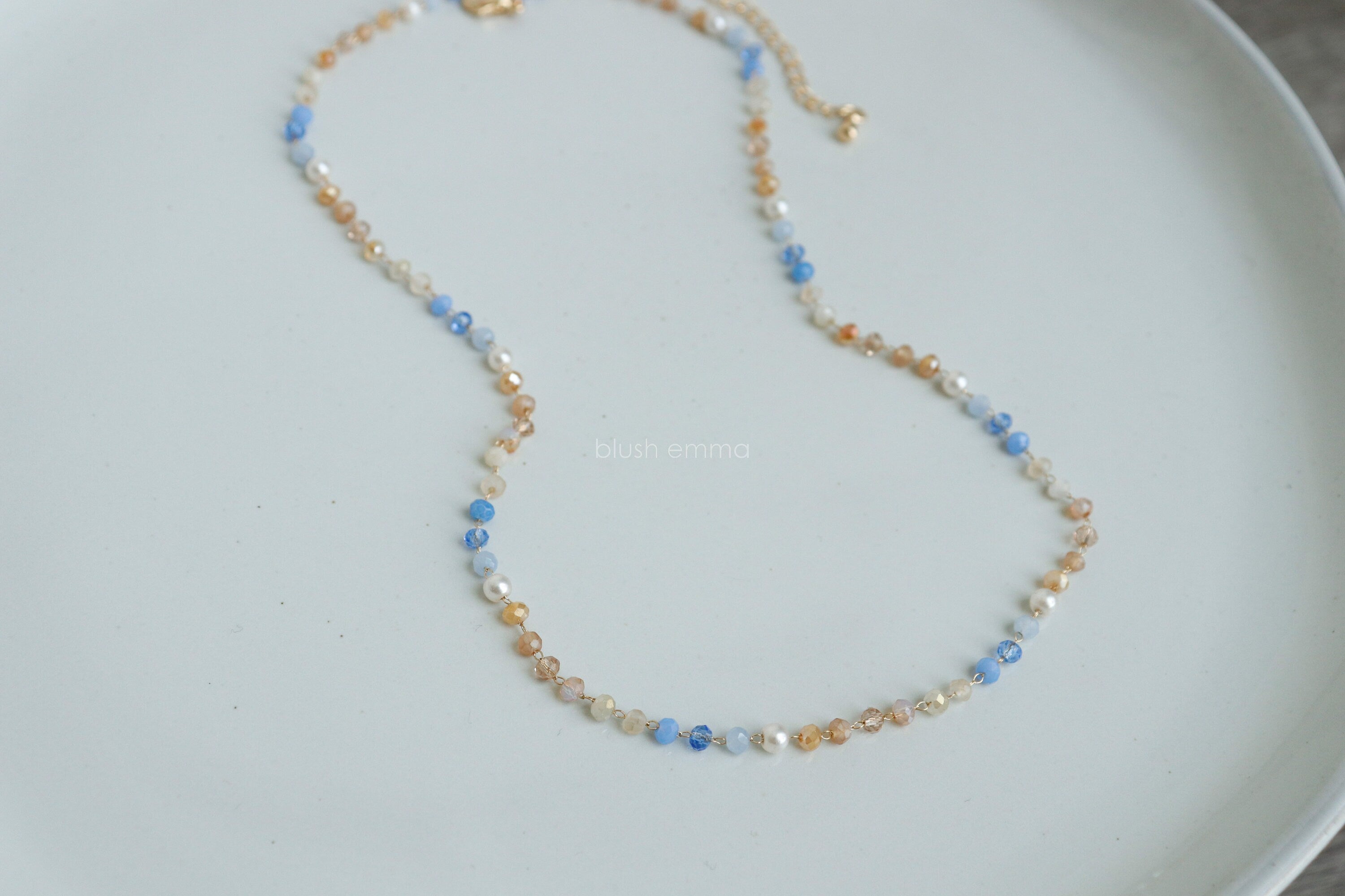 Pretty Me Blue, Beige Tones Pearl Accent Crystal Beaded Necklace