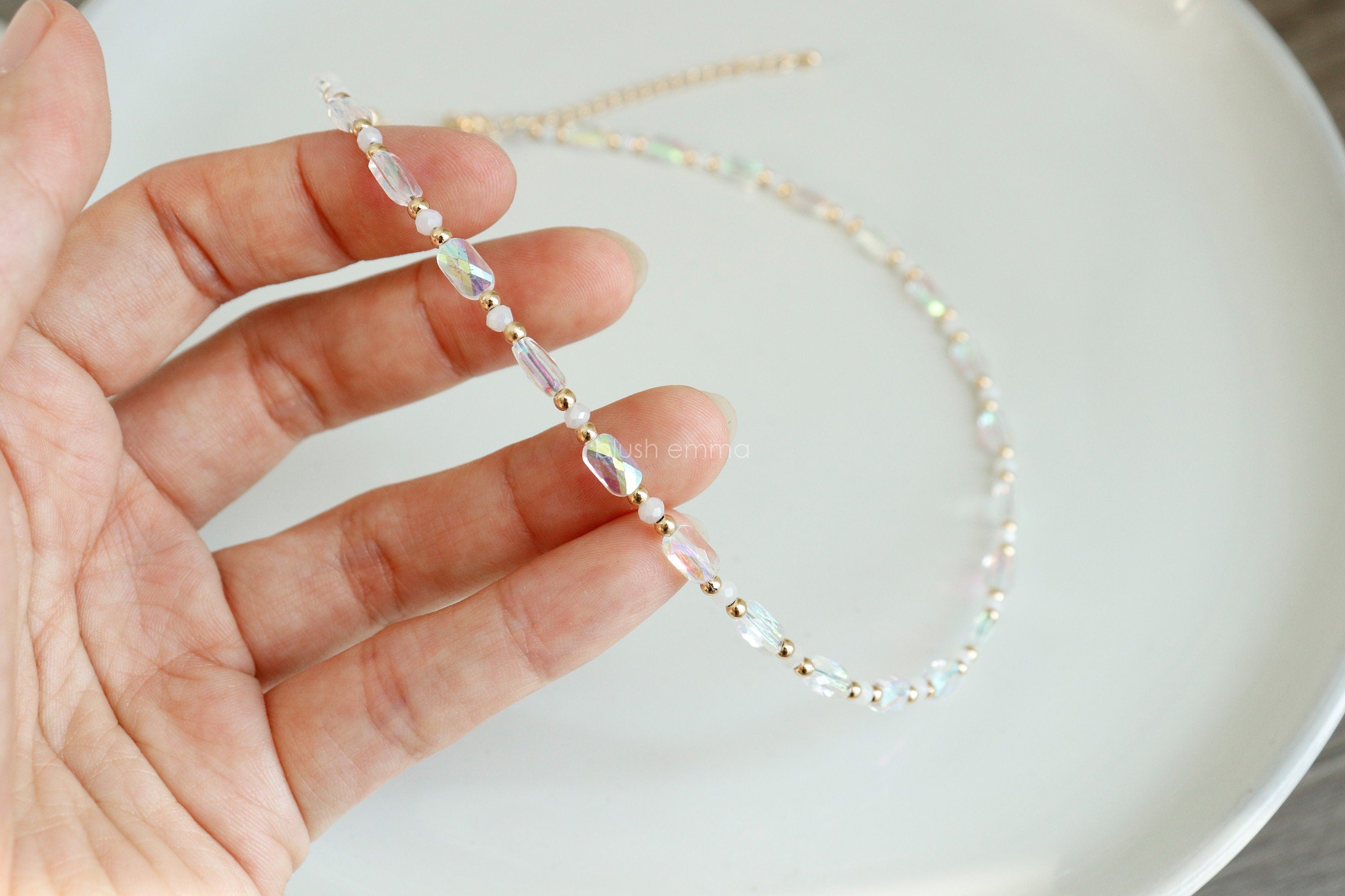 An iridescent clear beads and moon glass beaded necklace with gold trim, Celestial Glow Iridescent Beaded Necklace, kpop mermaid necklace, beautiful gift