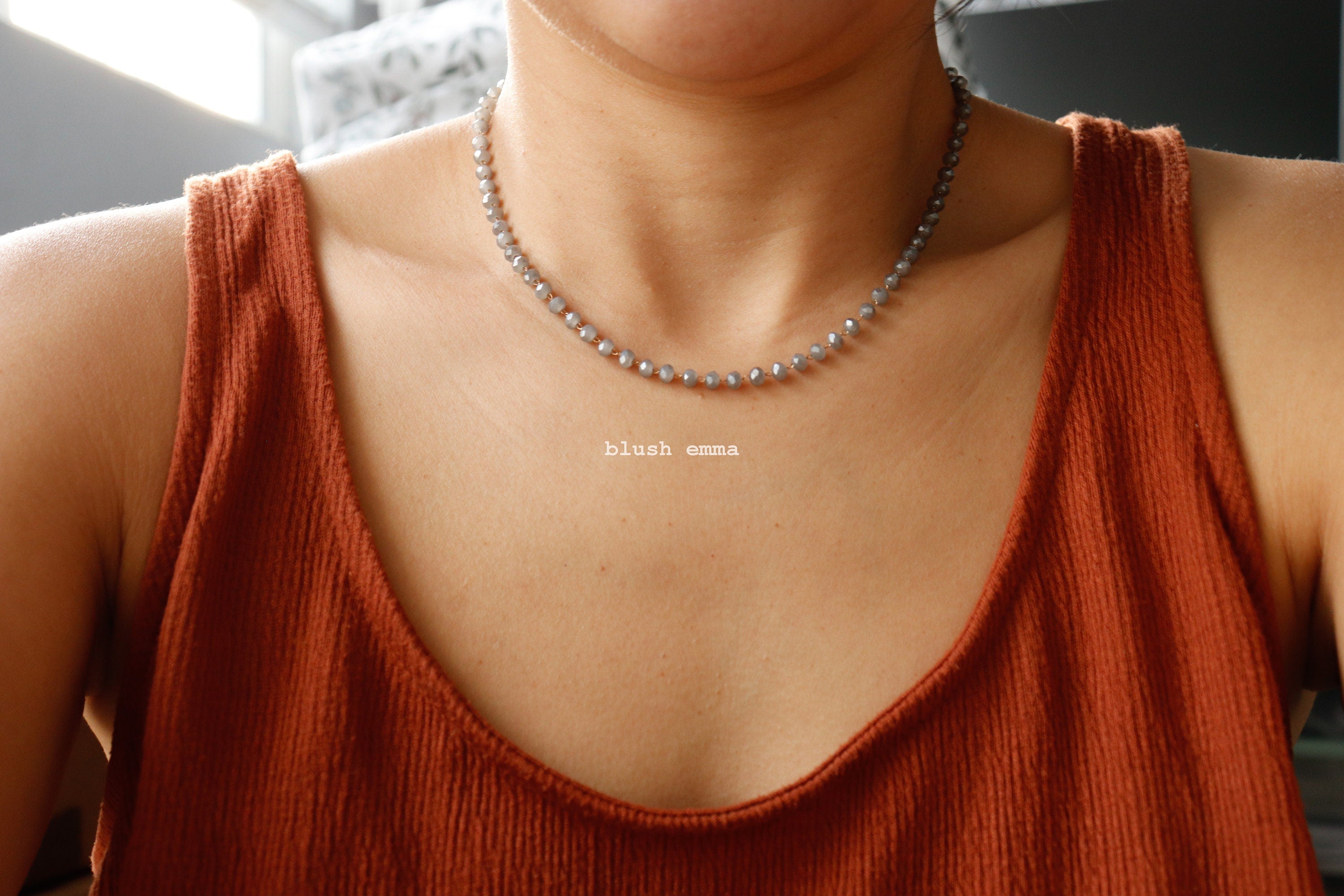 Gray Crystal Glass Beaded Choker Necklace