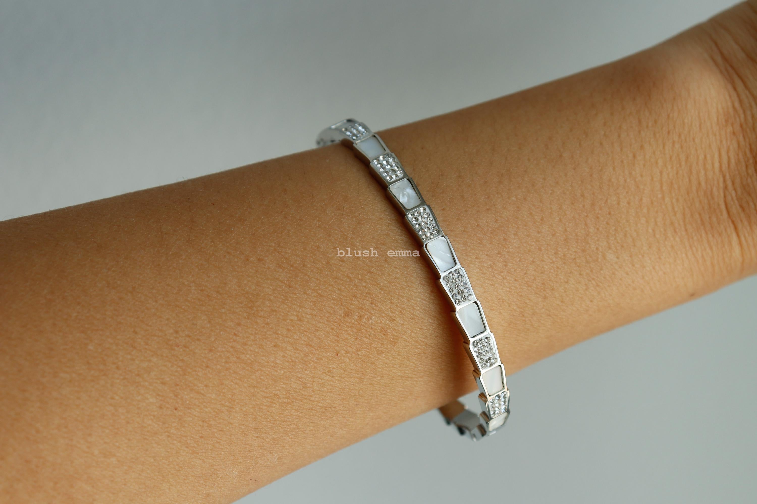 White Shell Crystal Pave Layered Trapezoid Cuff Bangle Bracelet. Stainless Steel