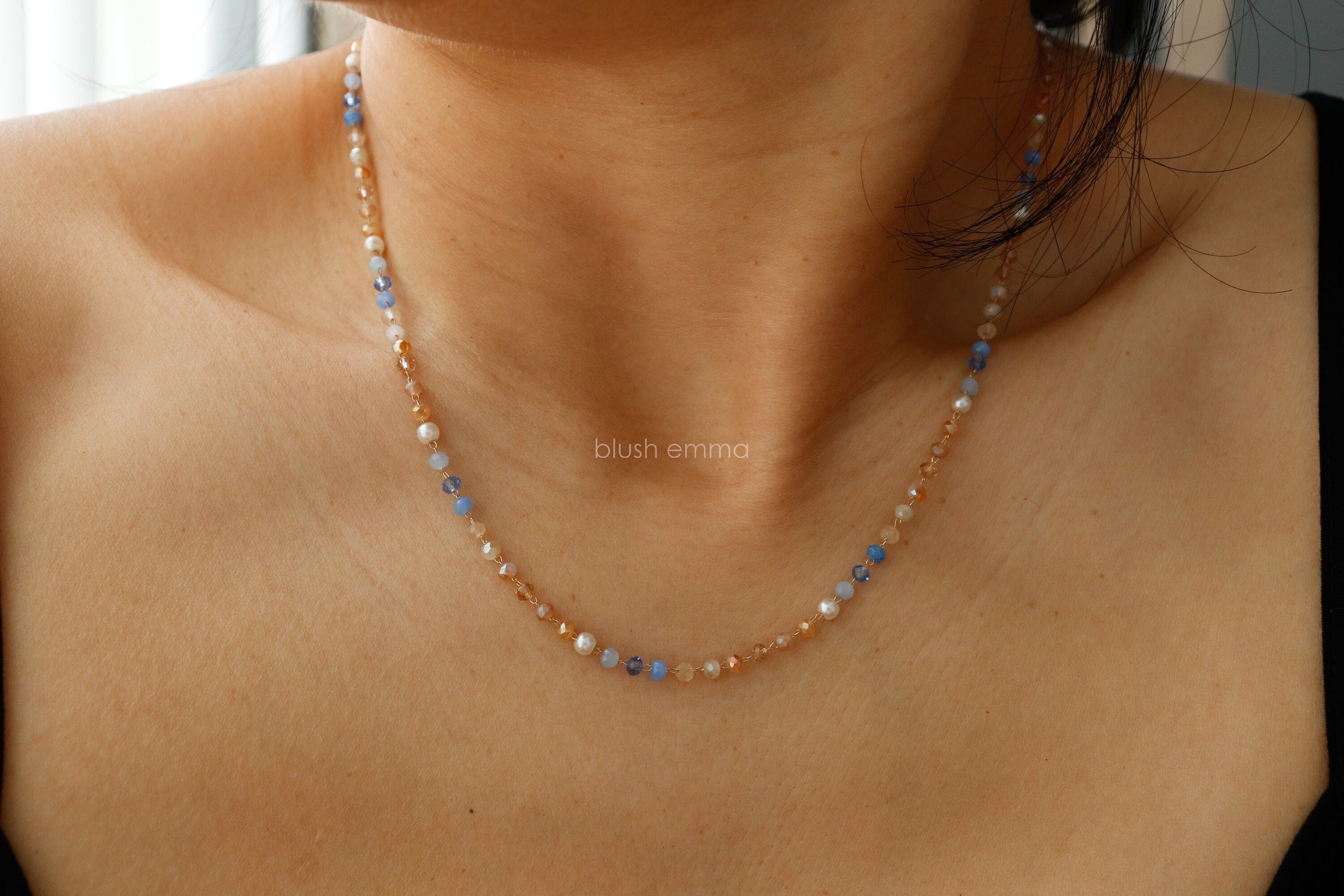 Pretty Me Blue, Beige Tones Pearl Accent Crystal Beaded Necklace