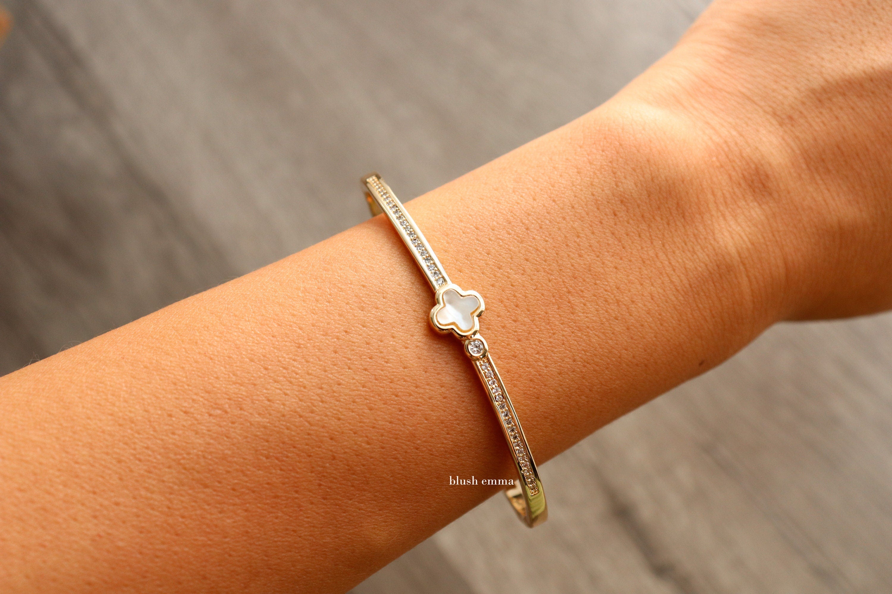 Blush Emma Mother of Pearl Clover Rhinestone Studded Bangle Bracelet