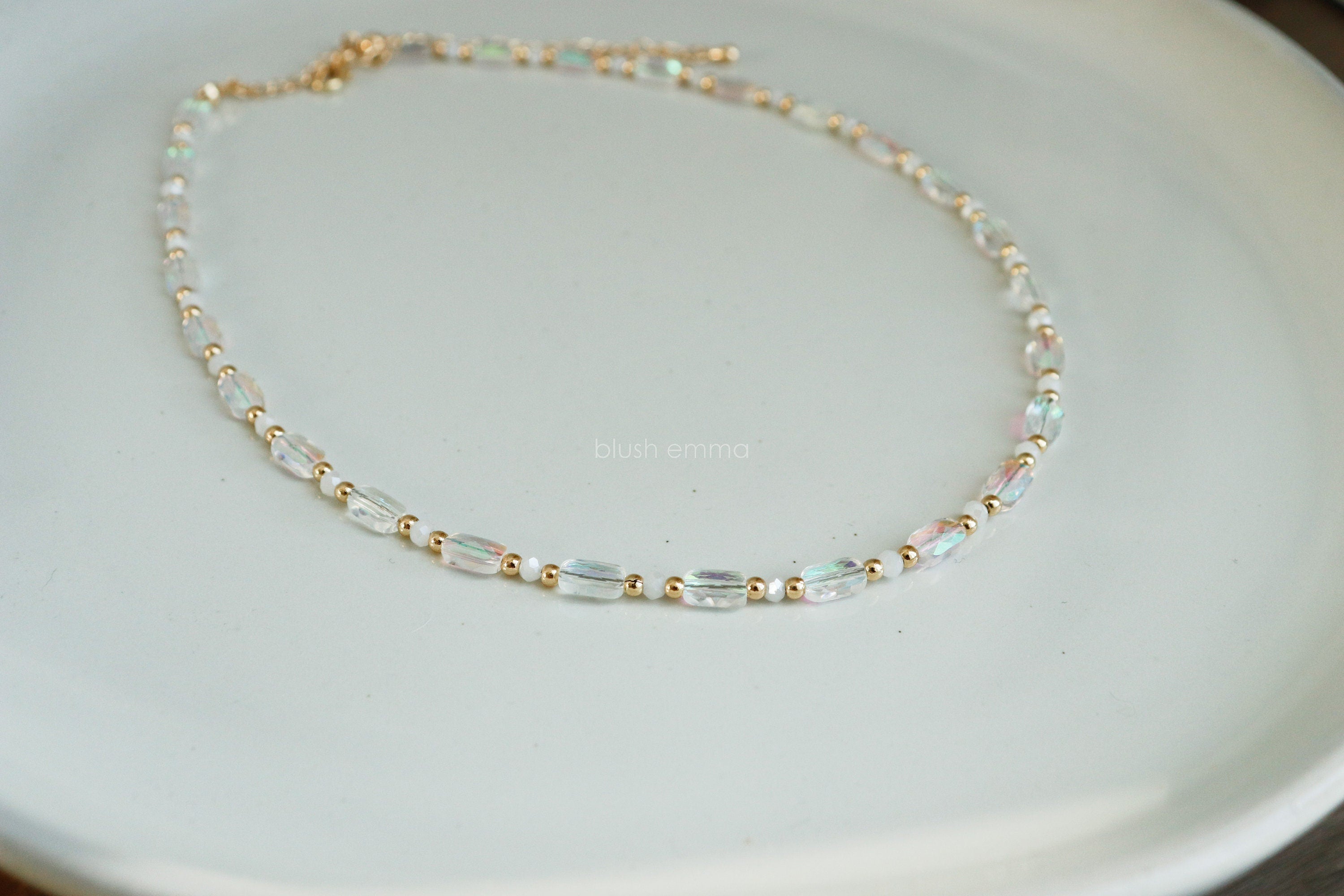 An iridescent clear beads and moon glass beaded necklace with gold trim, Celestial Glow Iridescent Beaded Necklace, kpop mermaid necklace, beautiful gift