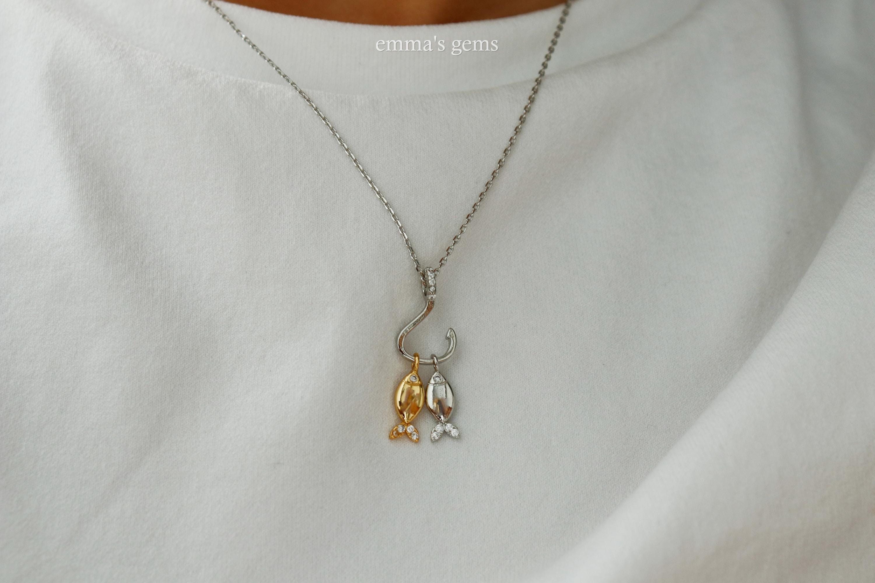 Double Two Tone Fish on Hook Charm Necklace