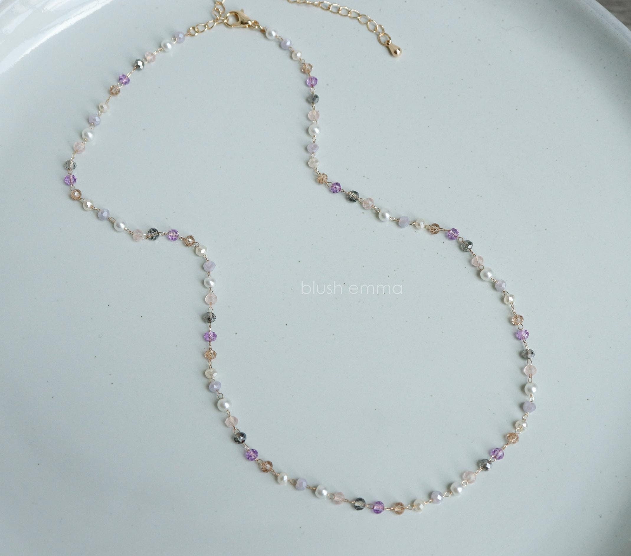 Lilac Purple Tone Pearl Accent 3mm Glass Beaded Necklace, Bead Boho Gold Clavicle | Dainty Minimalist Jewelry | Chain Bridesmaid Bestie Gift