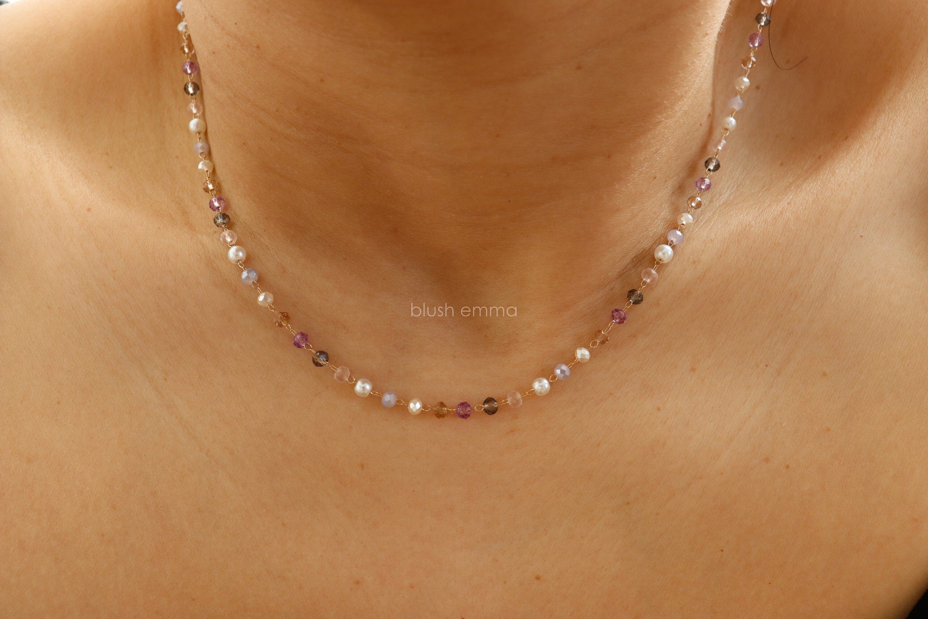 Lilac Purple Tone Pearl Accent 3mm Glass Beaded Necklace, Bead Boho Gold Clavicle | Dainty Minimalist Jewelry | Chain Bridesmaid Bestie Gift