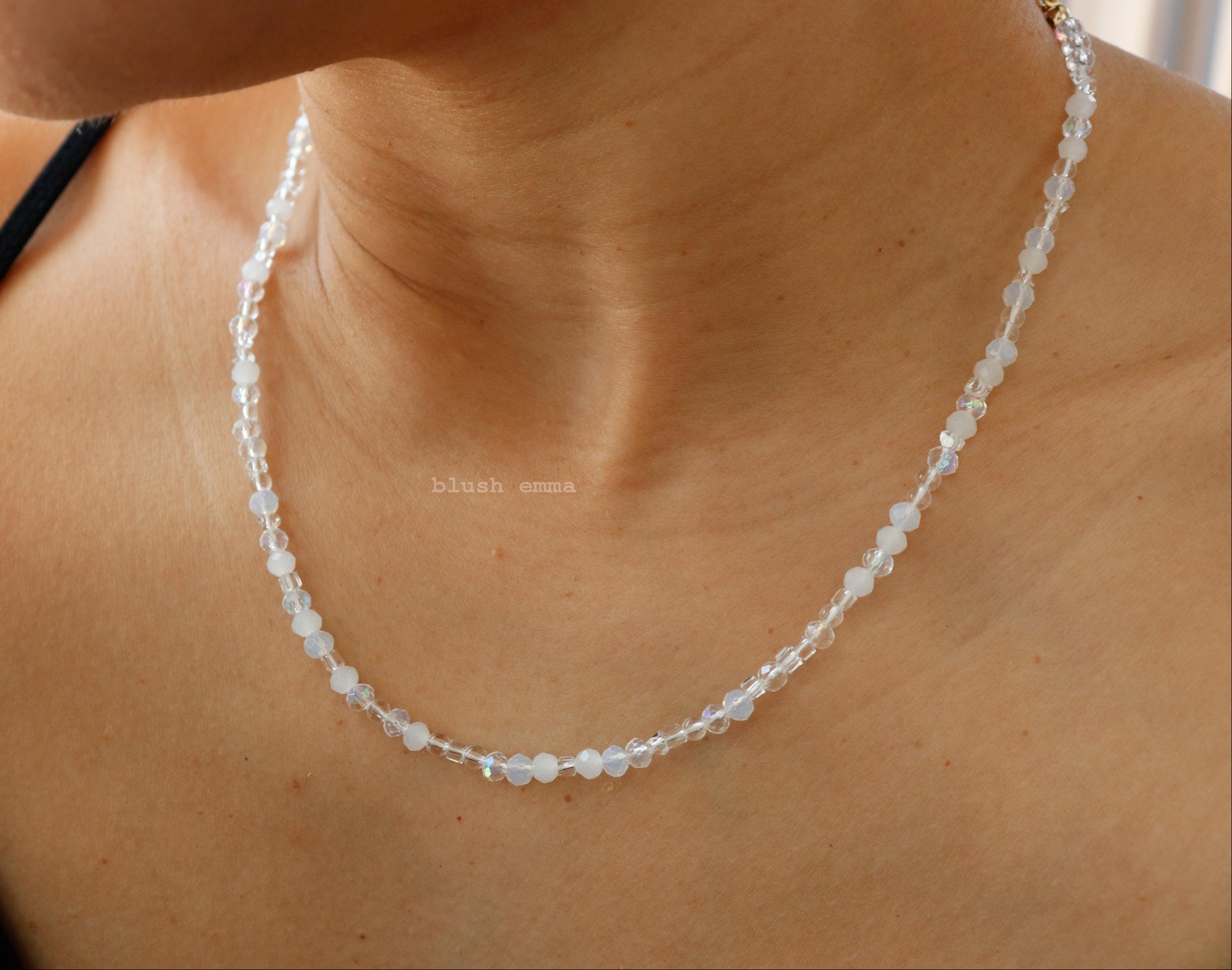 Frosted White, Iridescent Clear Crystal Glass Beaded Necklace